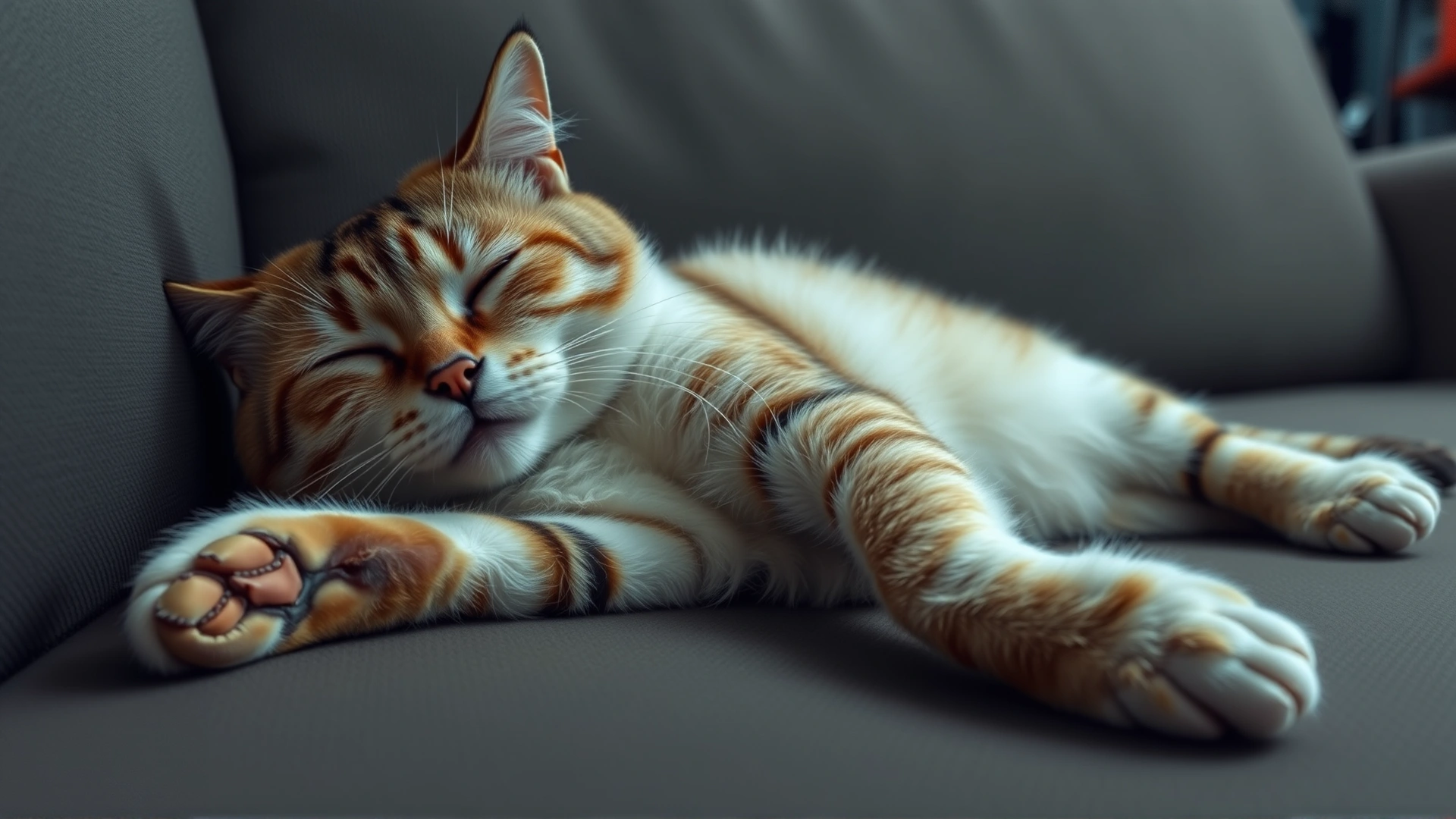 Domestic cat lying lethargically on a sofa, eyes half-closed, low energy, dim indoor lighting, no text.