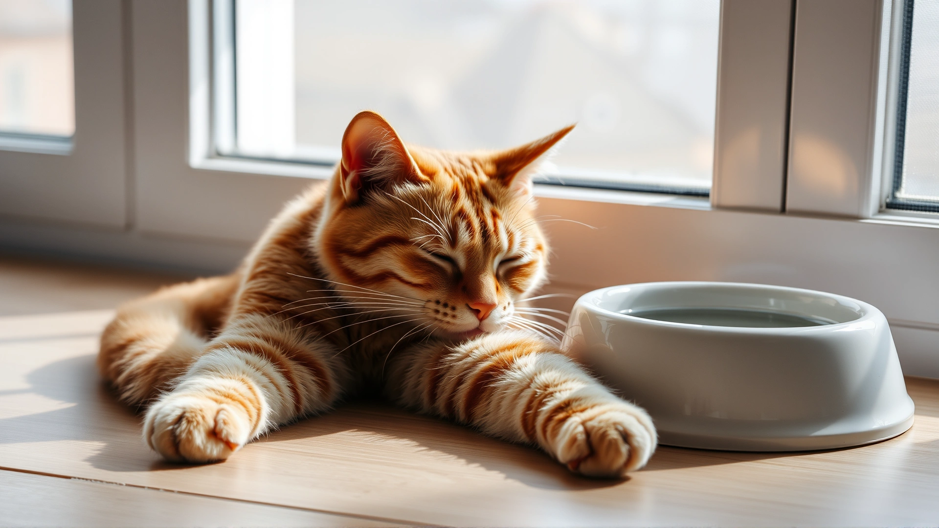 Indoor photo of an orange tabby cat lying lethargically beside a water bowl, window light casting gentle shadows to show fatigue