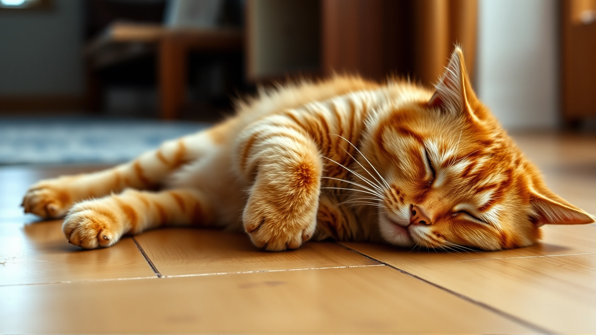 Photo of a ginger cat lying on its side on a hardwood floor, eyes half-closed, looking lethargic and unwell, soft natural lighting