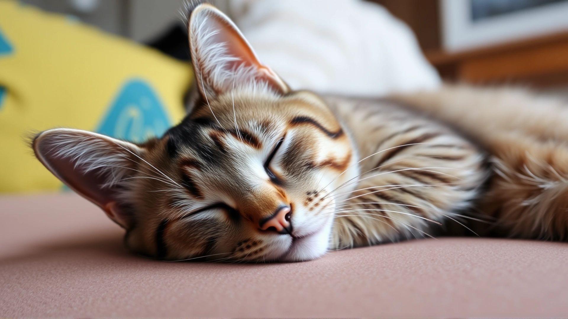 Domestic short-haired cat lying on couch looking tired with half-closed eyes, natural indoor lighting.