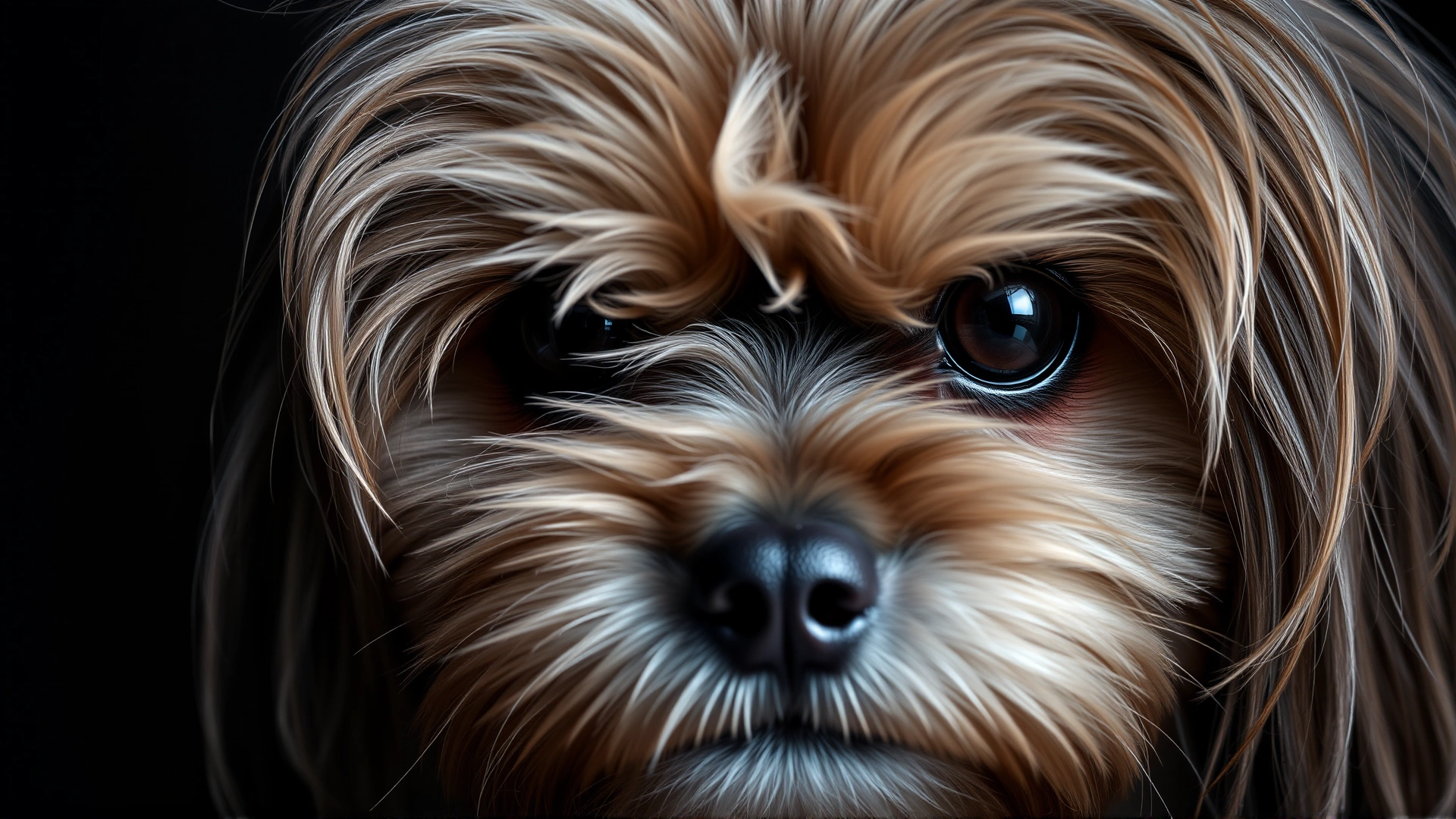 Macro photo of a Lhasa Apso's face focusing on its expressive dark eyes and long silky hair, studio lighting