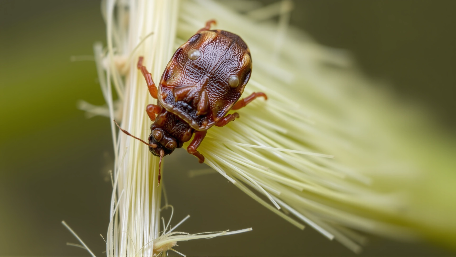 Macro photograph showing a guinea pig louse clinging to a strand of fur to illustrate the parasite's appearance.