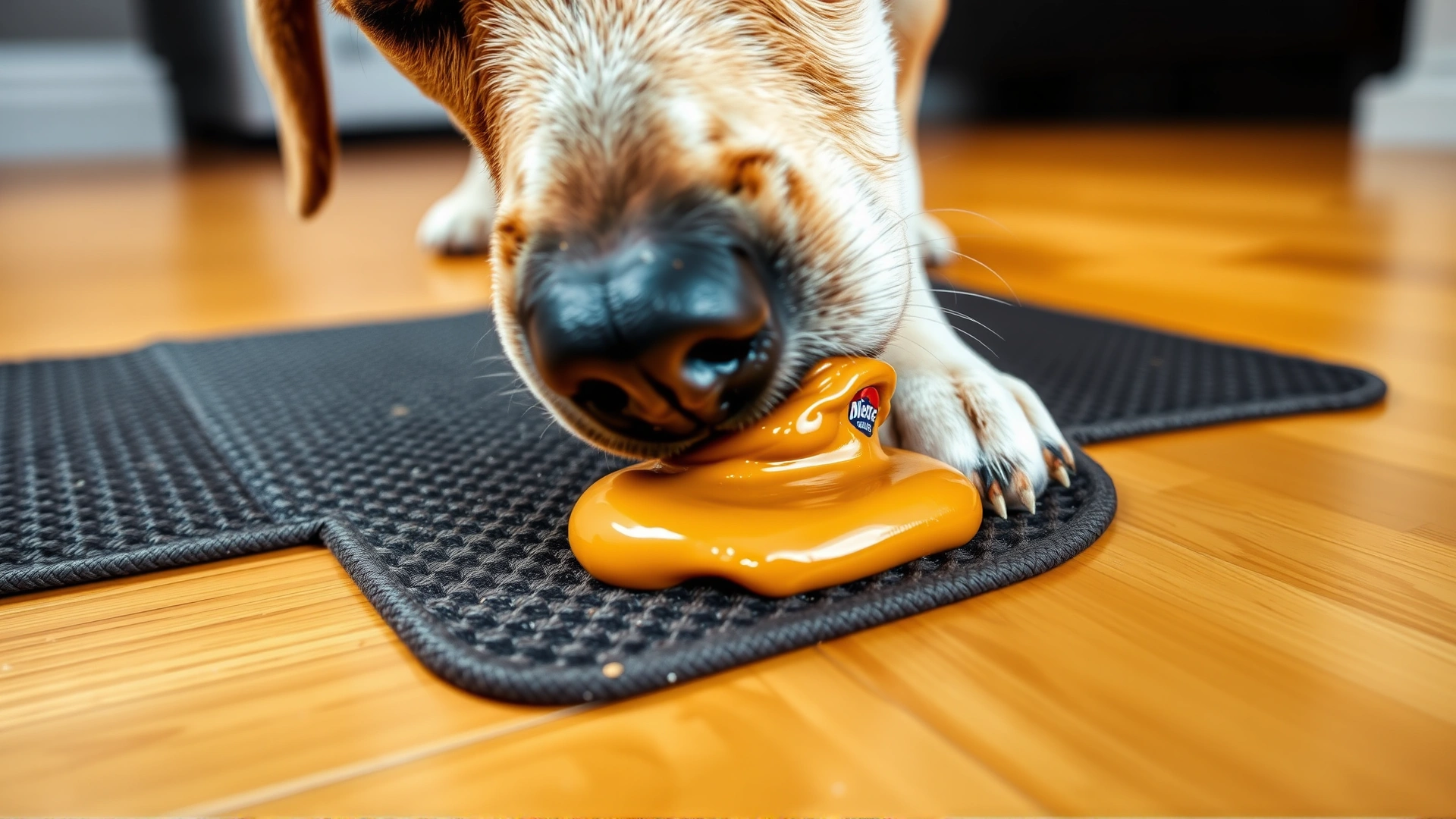 Close-up of a dog gently licking peanut butter from a textured lick mat placed on the floor.