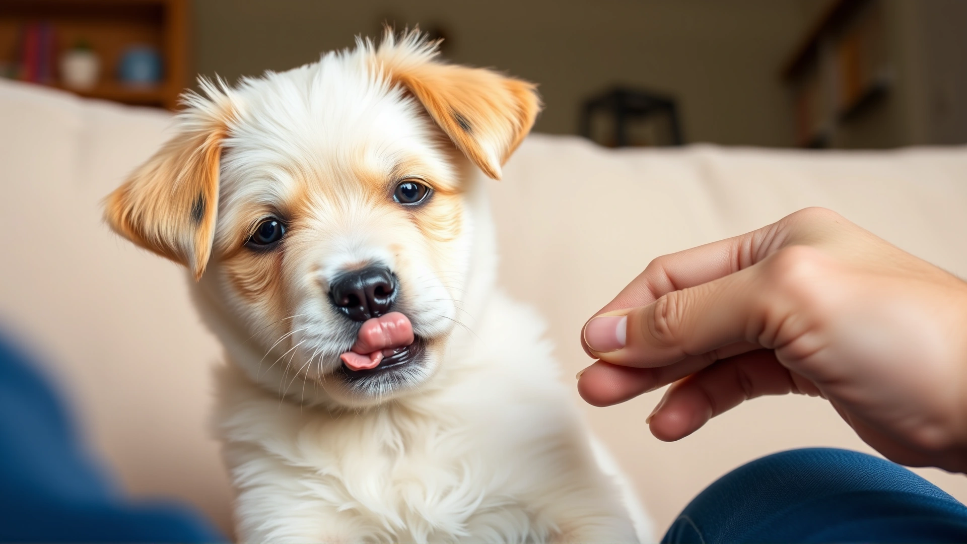 Puppy gently licking its owner's hand while sitting on a comfortable living room sofa.