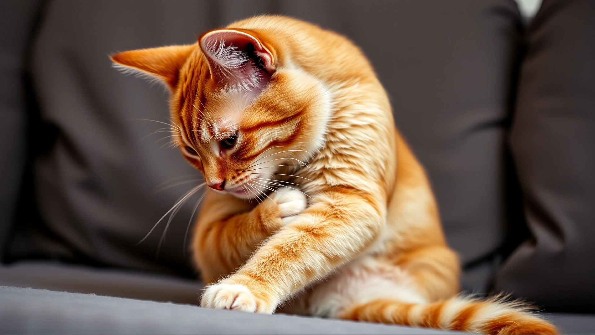 Closeup of a ginger cat deliberately licking its swollen front leg joint while sitting on a couch