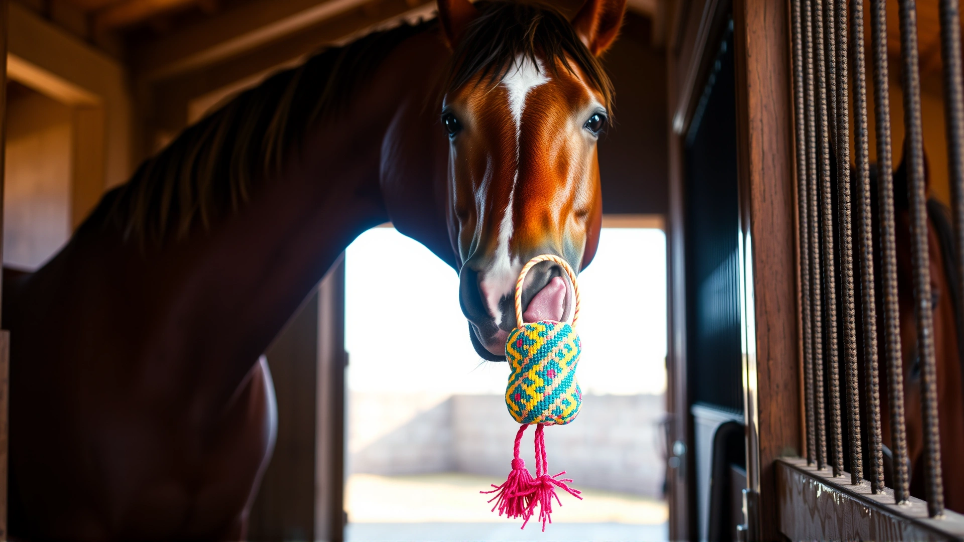 A chestnut horse licking a colorful hanging salt lick toy inside a clean stable, soft warm light.