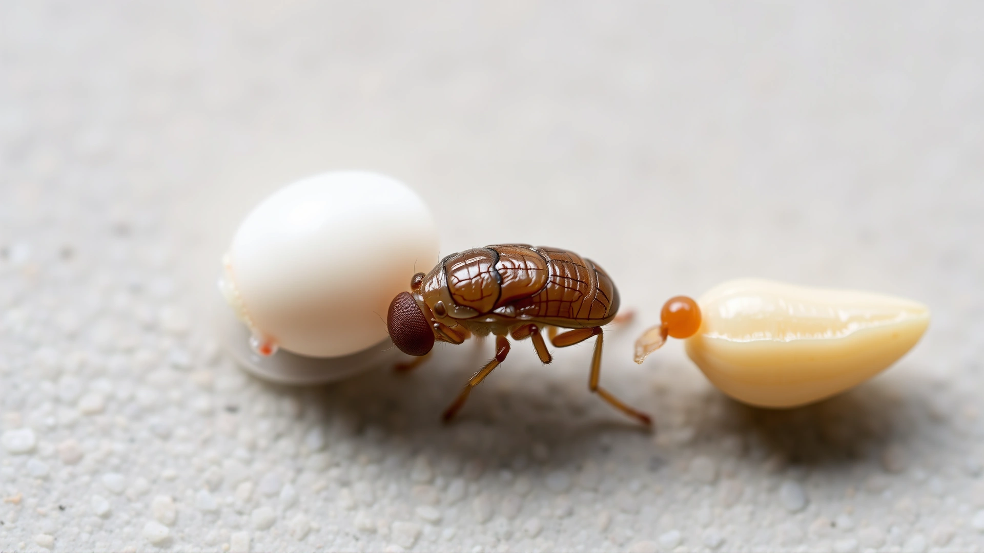 Close-up AI image showing the four life stages of a flea (egg, larva, pupa, adult) positioned on a neutral background, no text, realistic style.