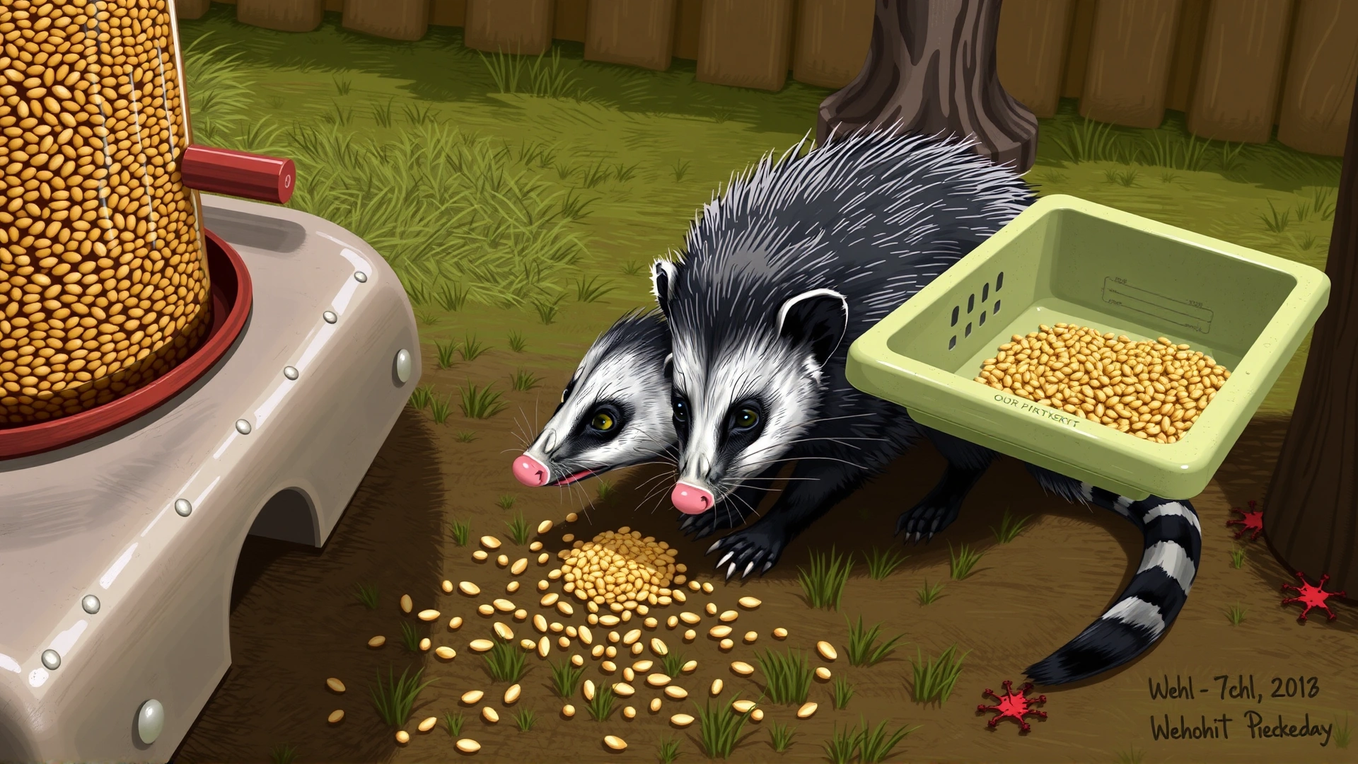 Illustration-style photo showing an opossum near outdoor bird feeders with scattered seeds, highlighting a potential contamination source for birds.