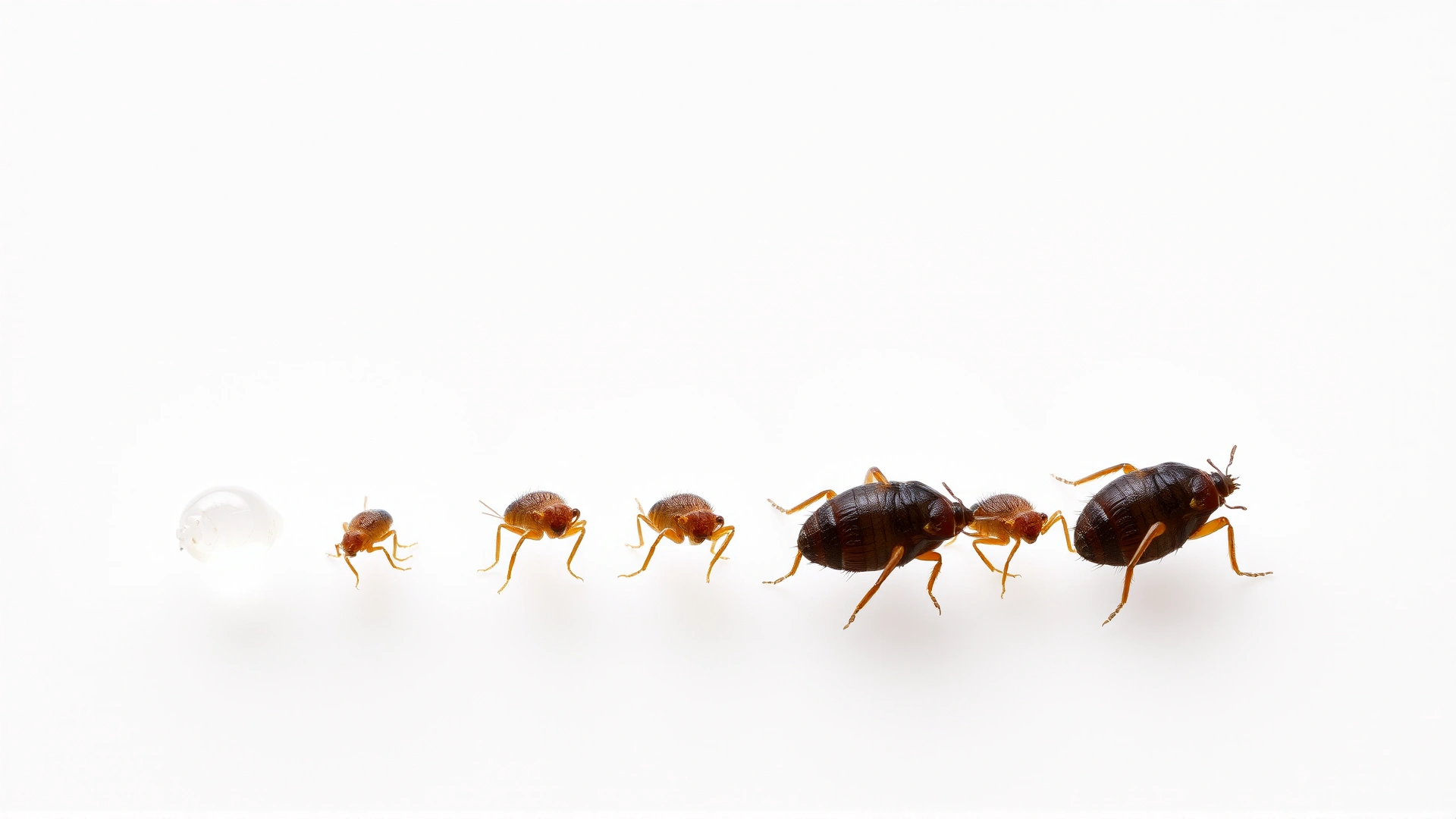Macro shot of the lice life cycle stages (eggs, nymphs, adult) lined up on a plain background, no text or labels, bright studio lighting.