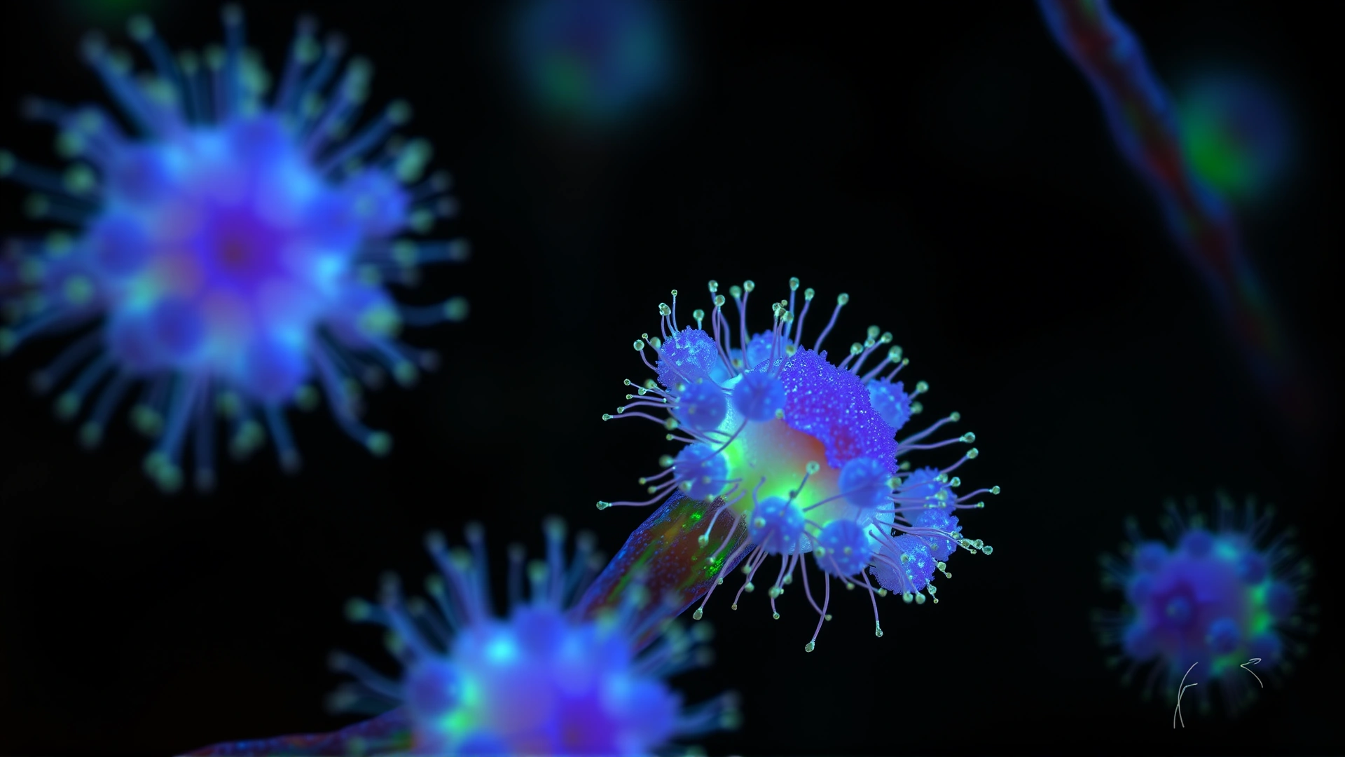 Microscopic view of Coccidioides fungus spores under high magnification, glowing blue and green on dark background