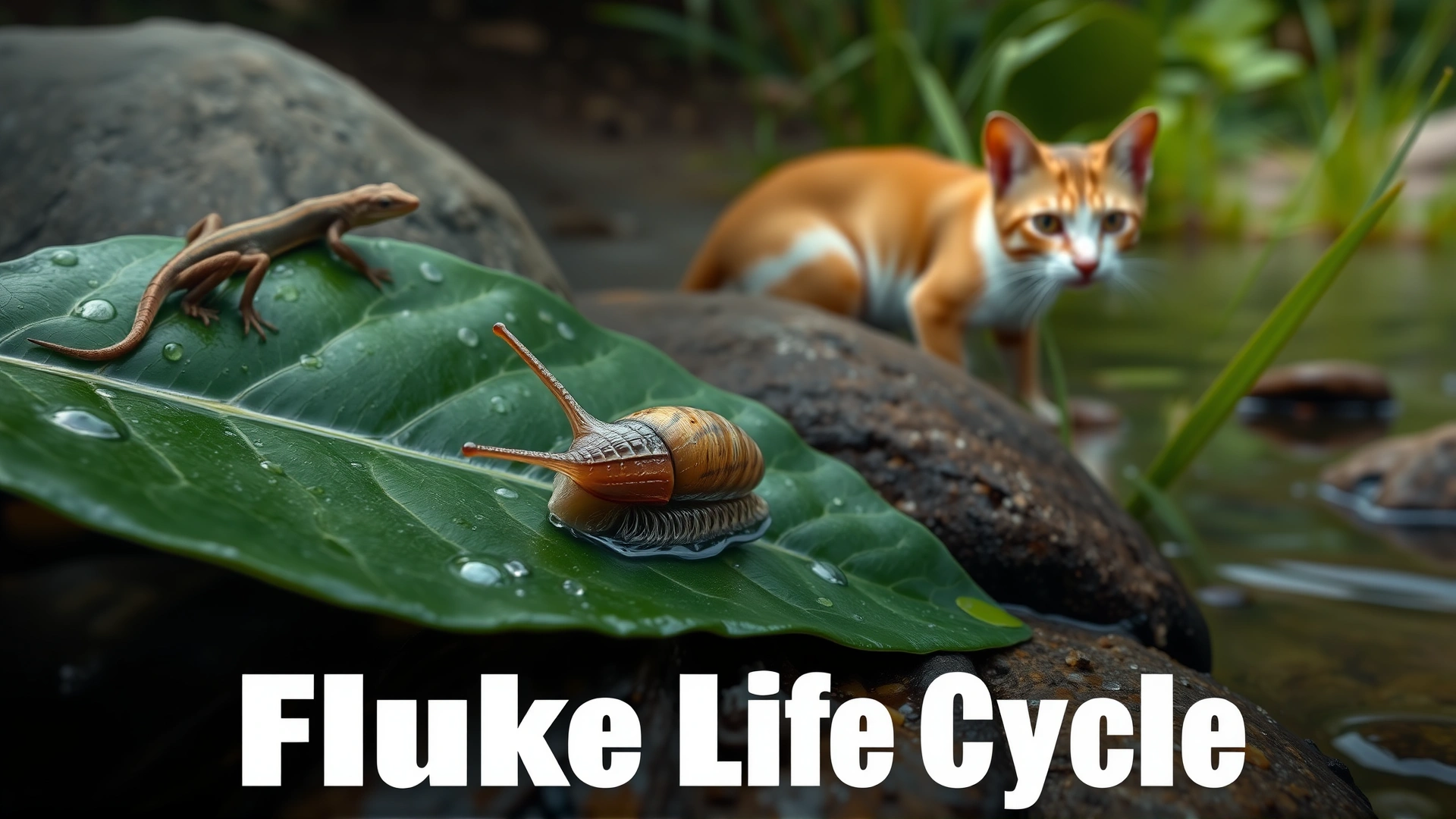 Composite scene of a freshwater snail on a wet leaf in the foreground, a small lizard on a rock, and a curious cat in the distant background near water, to hint at the fluke life cycle without text