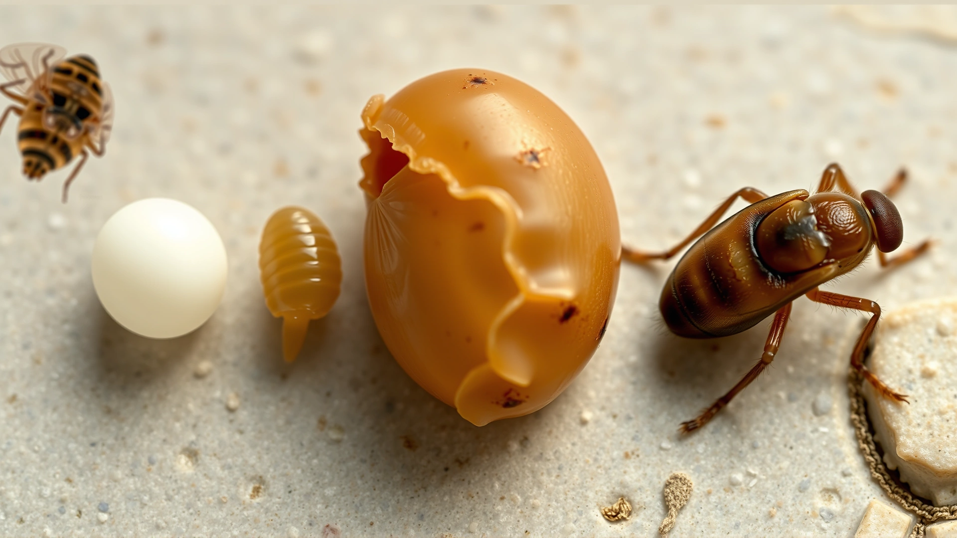 Composite high-resolution photo showing four stages of a flea’s life (eggs, larva, pupa in cocoon, adult flea) on a neutral surface; no text or labels