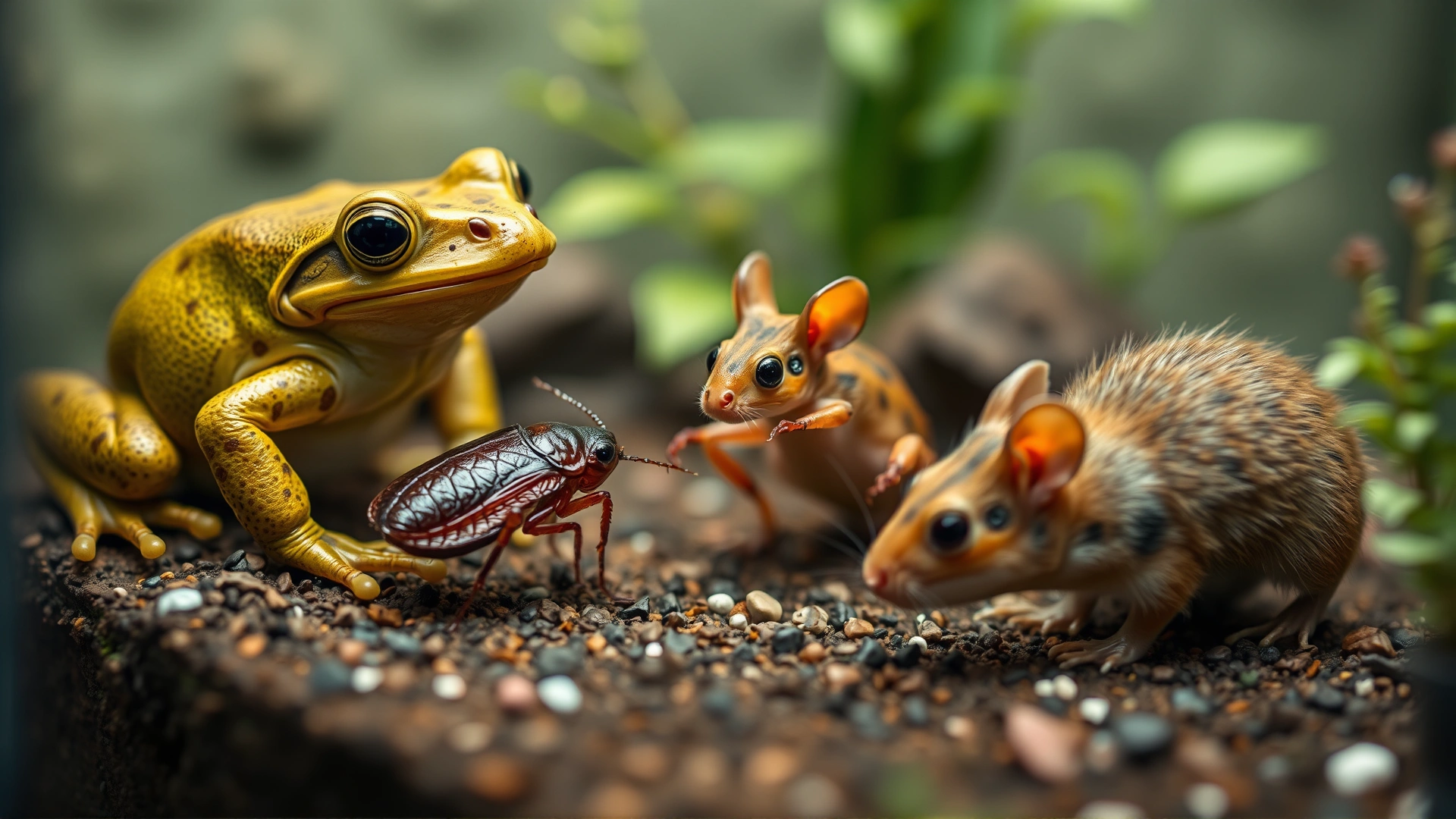 Naturalistic terrarium scene showing a frog, a cockroach, and a small rodent together to represent potential intermediate hosts in the parasite life cycle, shot with macro lens and shallow depth of field.
