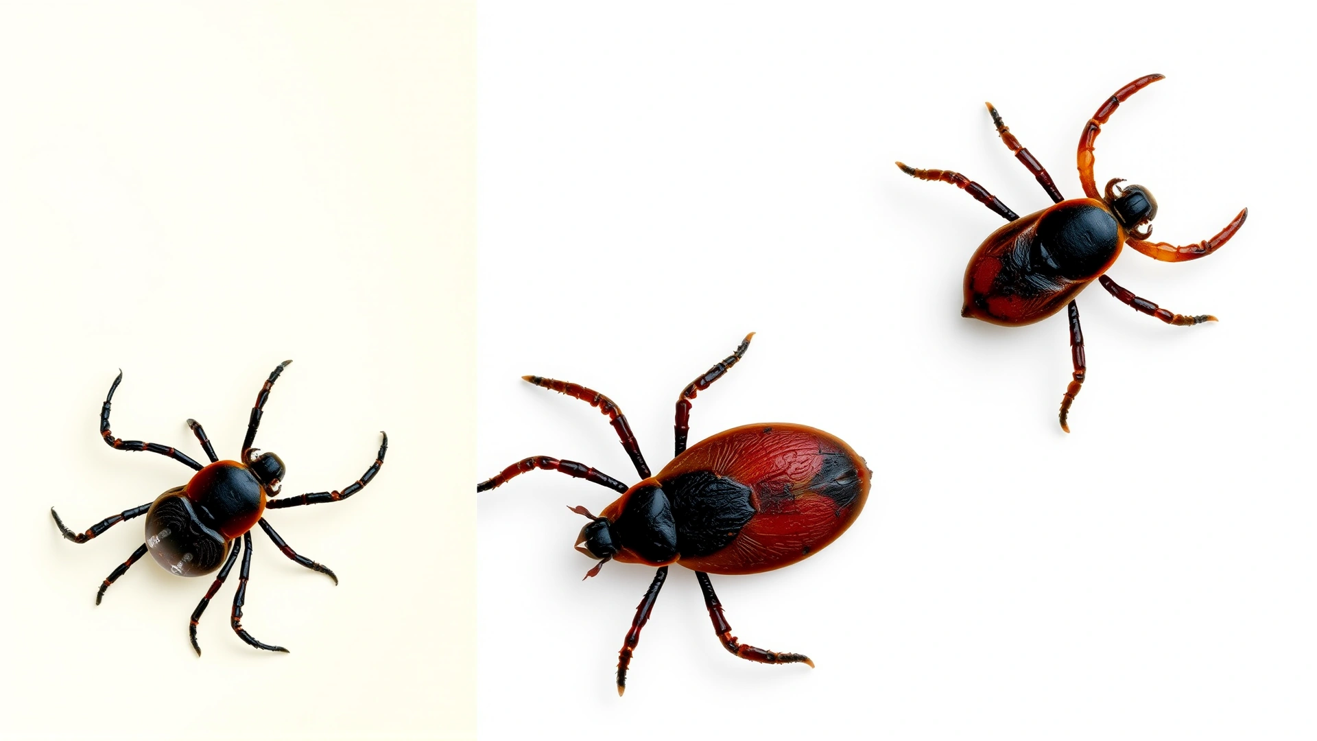High-resolution collage style image showing four stages of tick life cycle—eggs, larva, nymph, adult—on a white background with no text