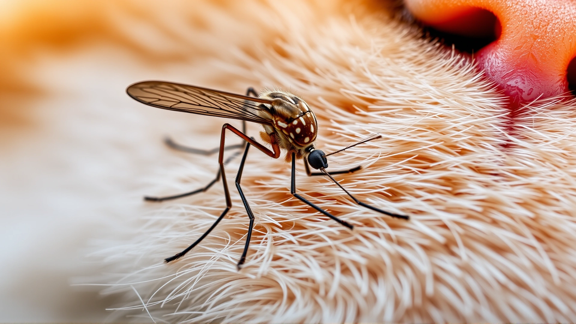 Macro photograph of a mosquito feeding on a cat's fur, showing clear detail of the insect to illustrate transmission of heartworm. Warm natural lighting.