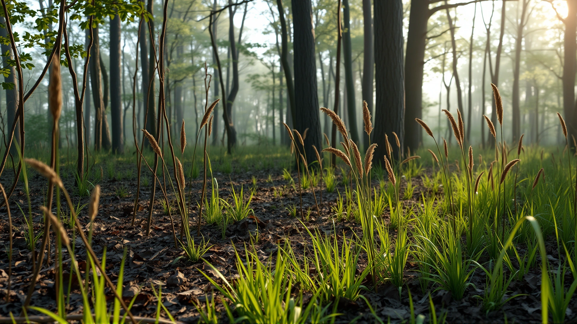 Wide shot of a mixed hardwood forest edge with tall grasses and leaf litter—typical deer tick habitat—soft morning light.