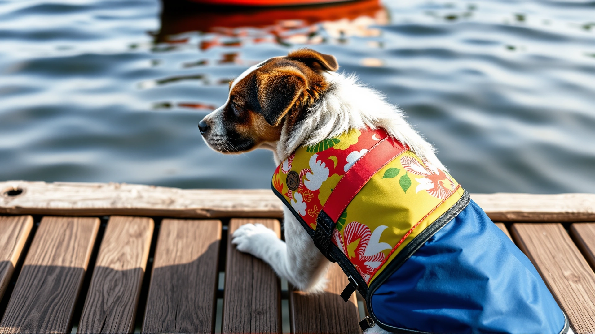 Close-up of a colorful dog life jacket on a wooden dock next to calm water