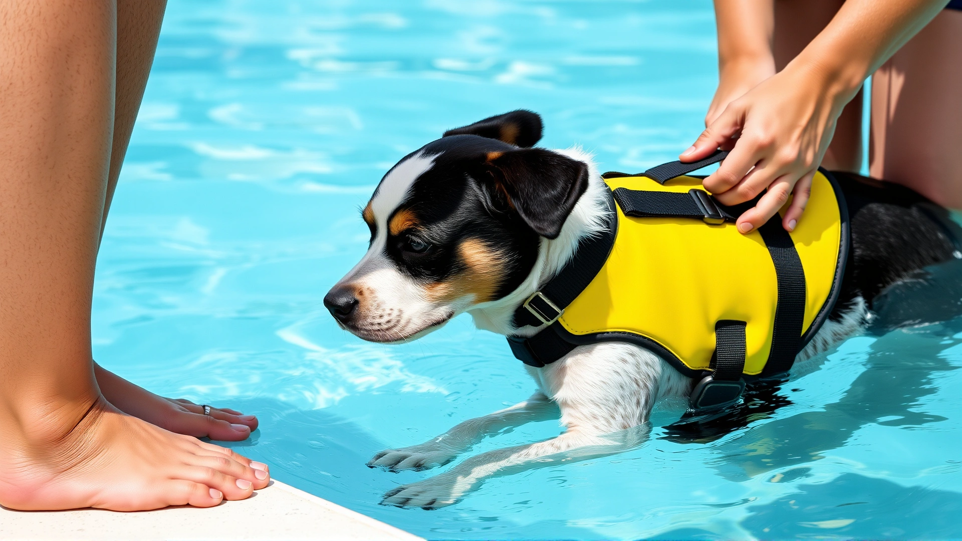 Pet parent adjusting straps on a canine life jacket to ensure proper fit before the dog enters the pool