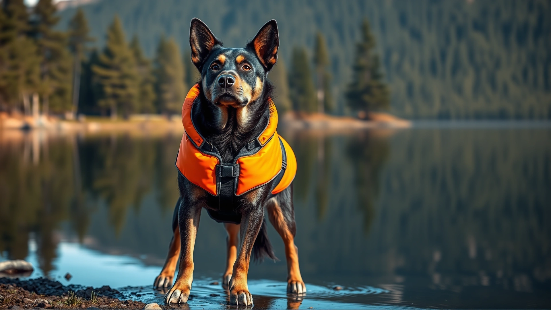 Dog wearing a bright orange life jacket while standing at the edge of a calm lake with reflections of pine trees.