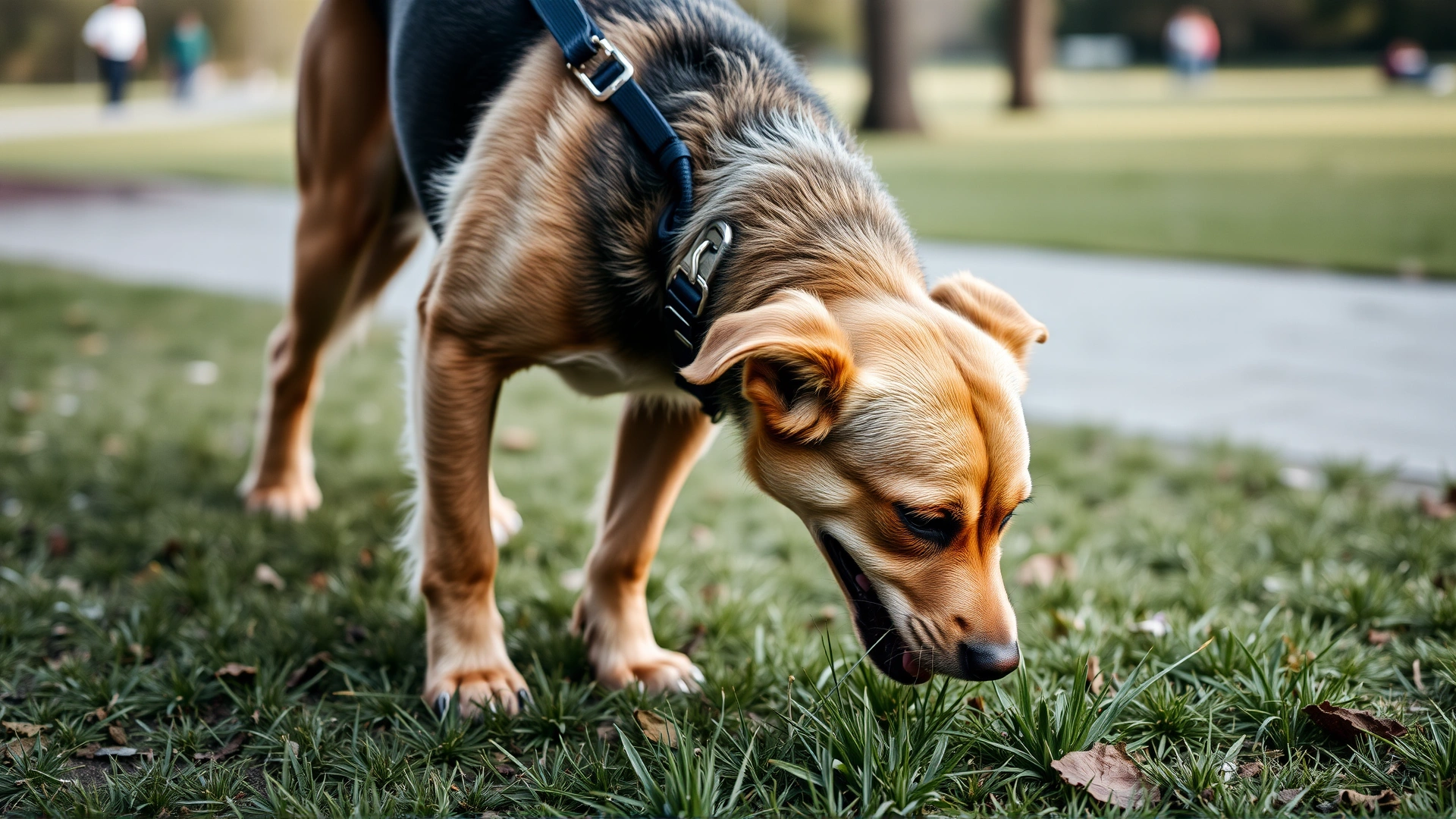 Dog joyfully sniffing a patch of grass after being released from a leash during a walk in the park.