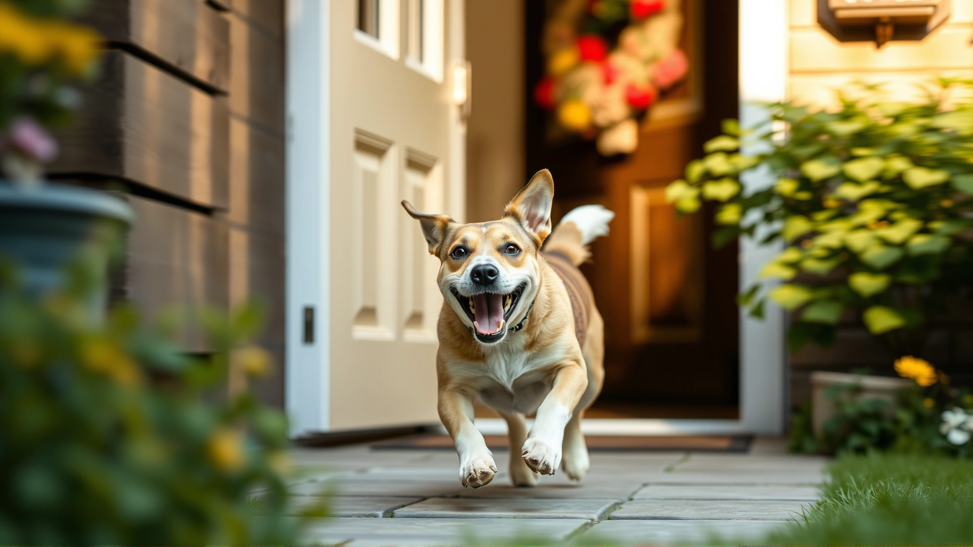 Dog happily running out of a front door into a garden as a reward, motion blur showing excitement