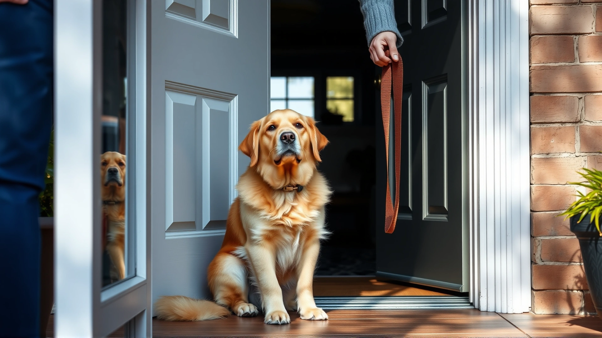 Golden Retriever sitting patiently at a slightly open front door while owner holds a leash, ready for a walk; natural daylight