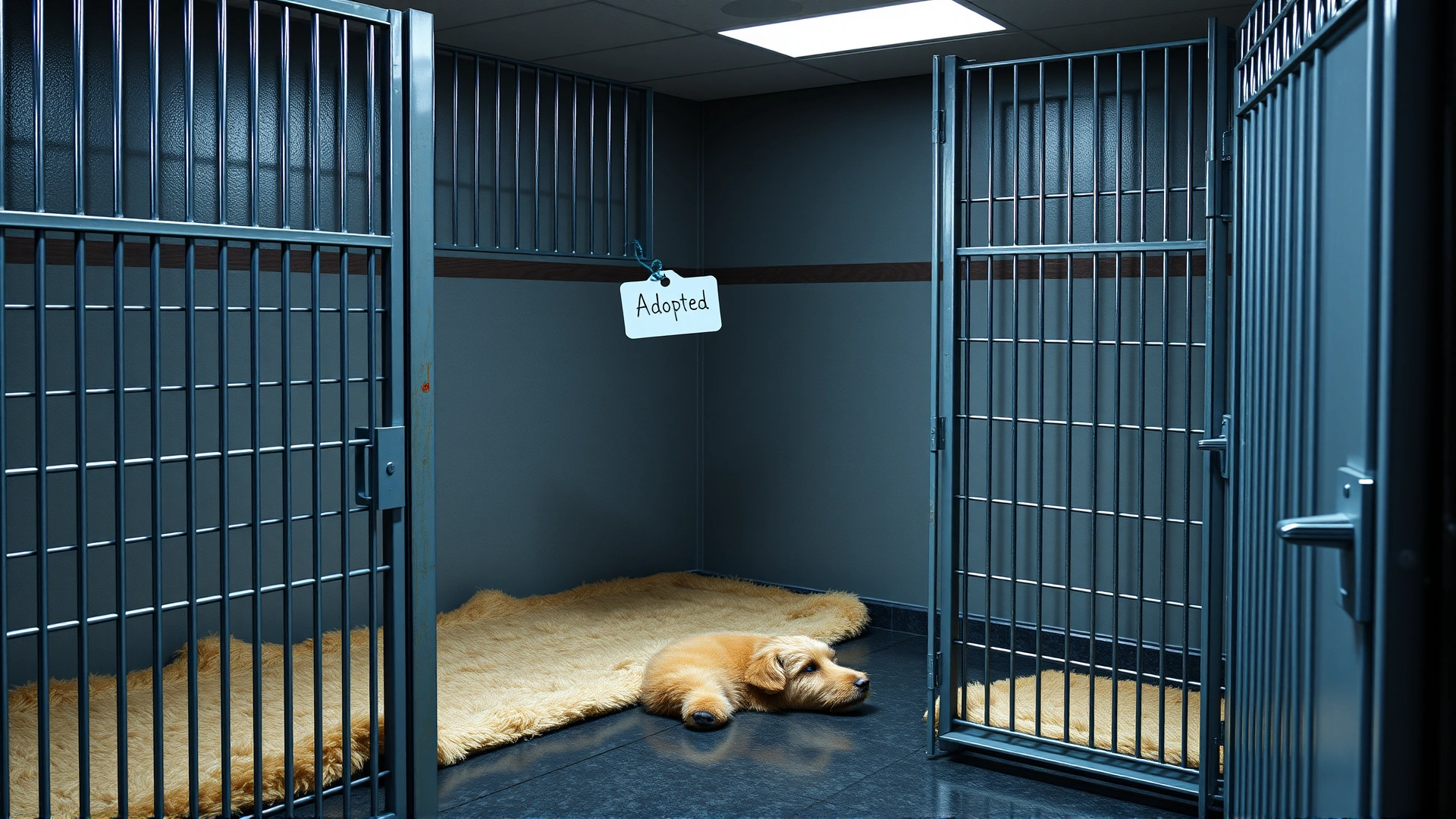 Empty animal shelter kennel with fresh bedding and an 