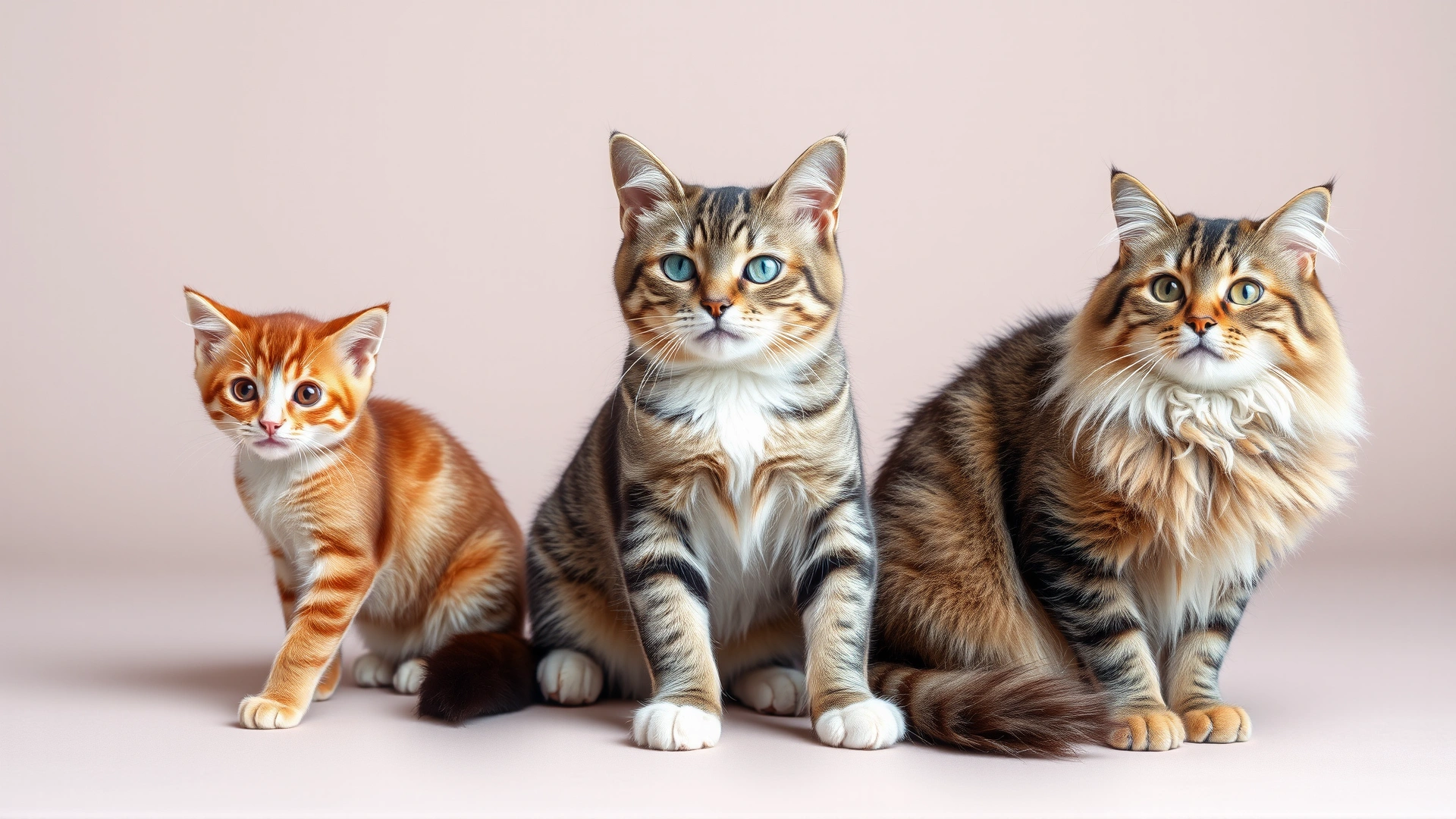 Horizontal collage style photo showing three cats of different ages side by side: playful kitten, active adult cat, and relaxed senior cat, all sitting against neutral background, no text.