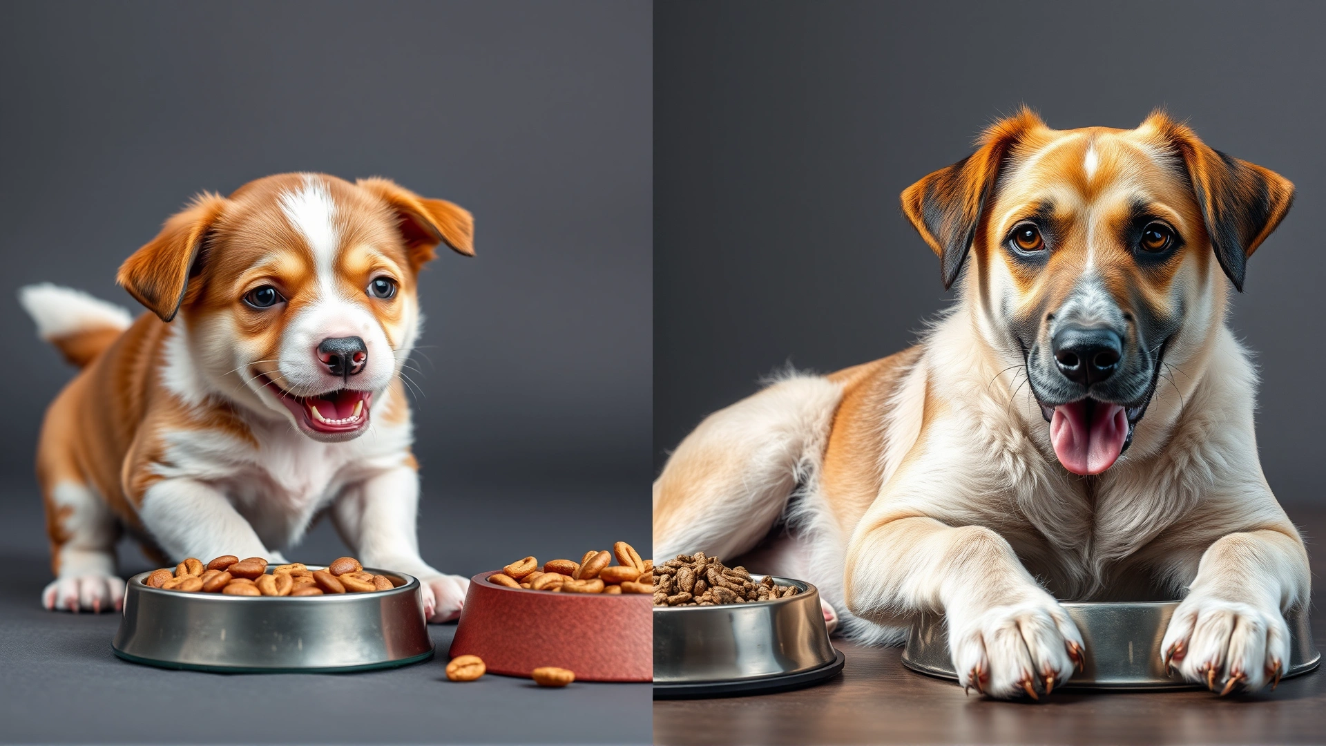 Split-scene composite showing a playful puppy with a small bowl of kibble on one side and a calm senior dog resting next to a different bowl on the other, illustrating different life stages