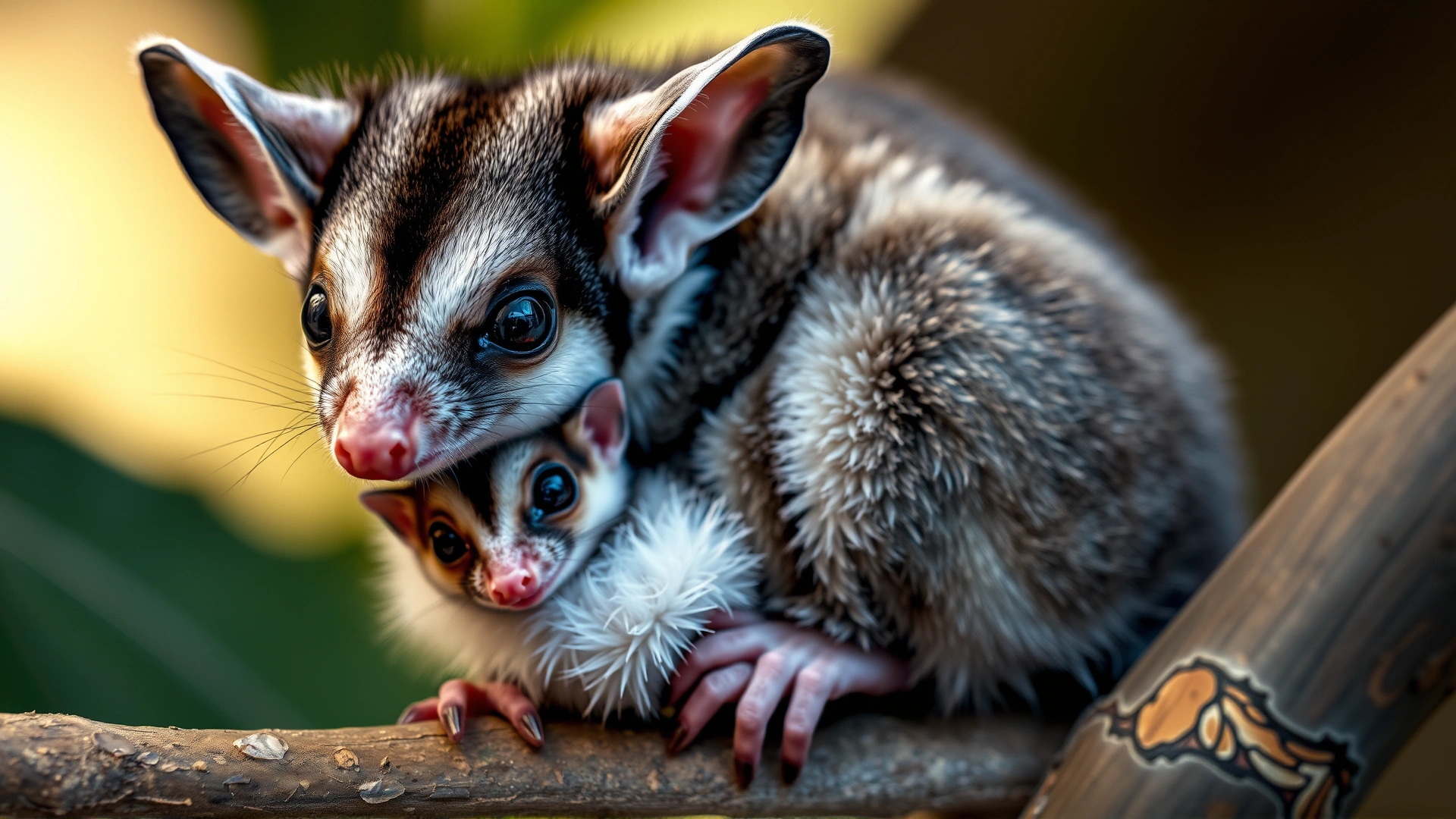 A mother sugar glider with her joey peeking out from the pouch while perched on a branch.