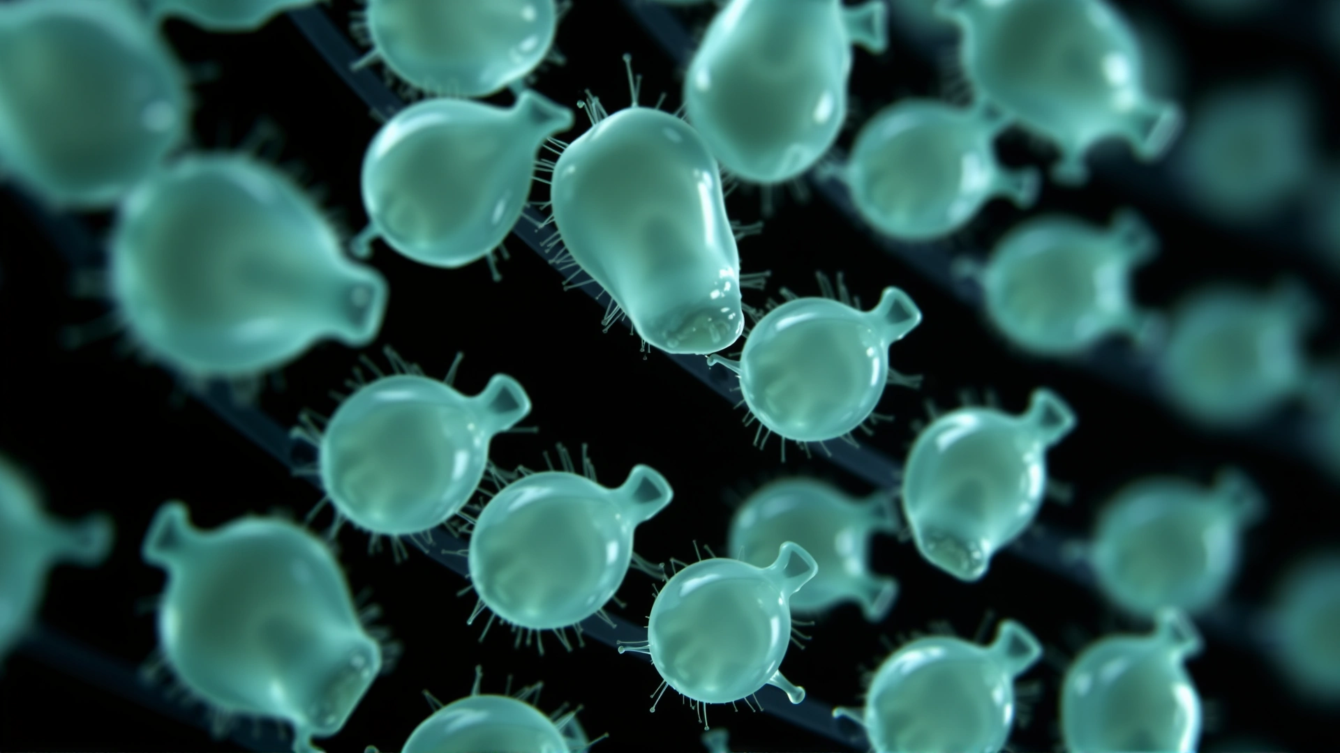 Microscopic close-up of Cryptosporidium oocysts under bright-field illumination against a dark background, representing the parasite’s lifecycle stage.