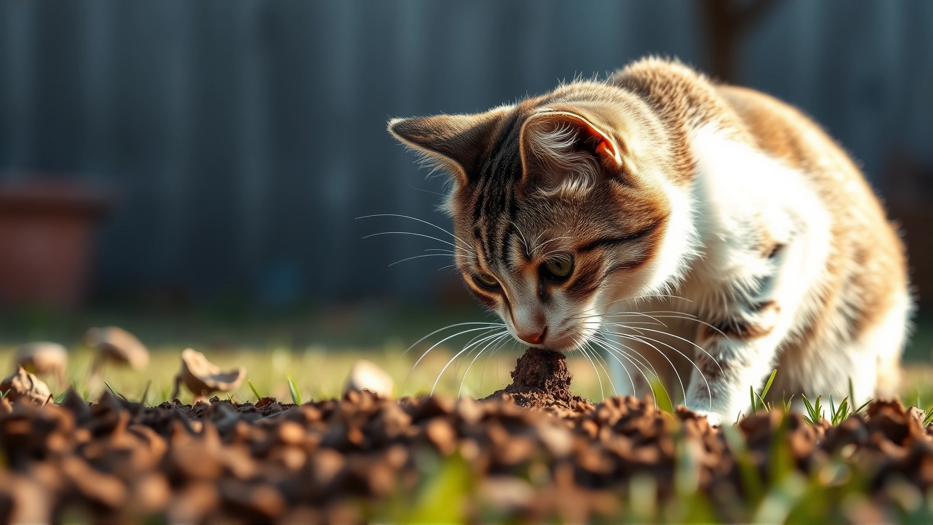 Illustrative photo of a cat sniffing soil in a backyard, focus on the ground with subtle blurred background, concept of environmental parasite exposure