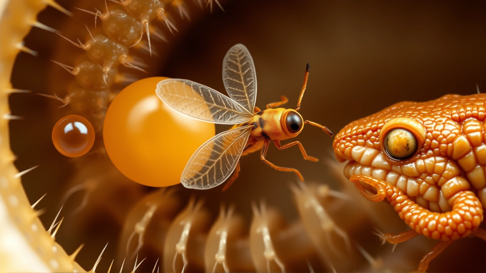 Detailed macro illustration showing the life cycle stages of spirurid worms (egg, larva in insect, adult in reptile) without any textual labels