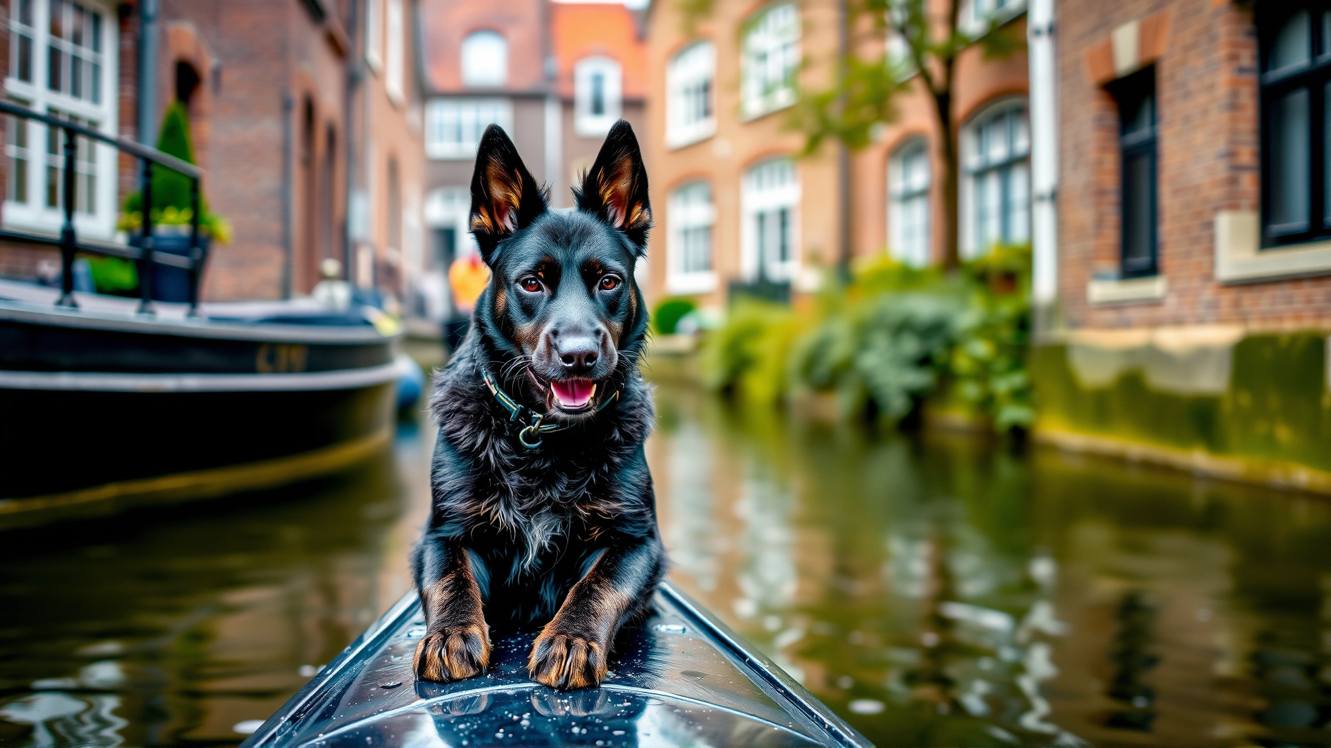 A Schipperke sitting confidently at the bow of a small canal boat in Belgium, water rippling behind and old brick buildings in soft focus.