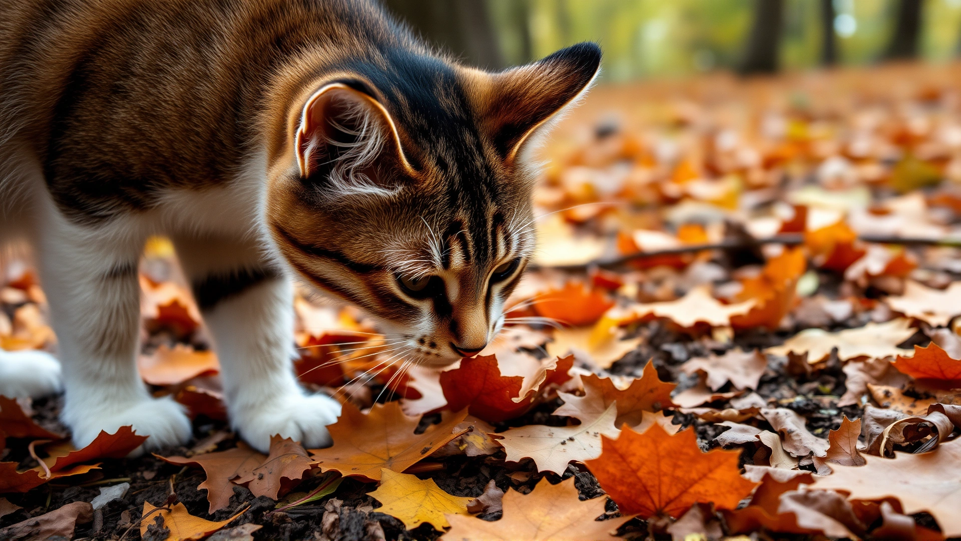 Outdoor shot of a curious cat sniffing the forest floor covered with autumn leaves, illustrating exposure to soil-borne fungi.