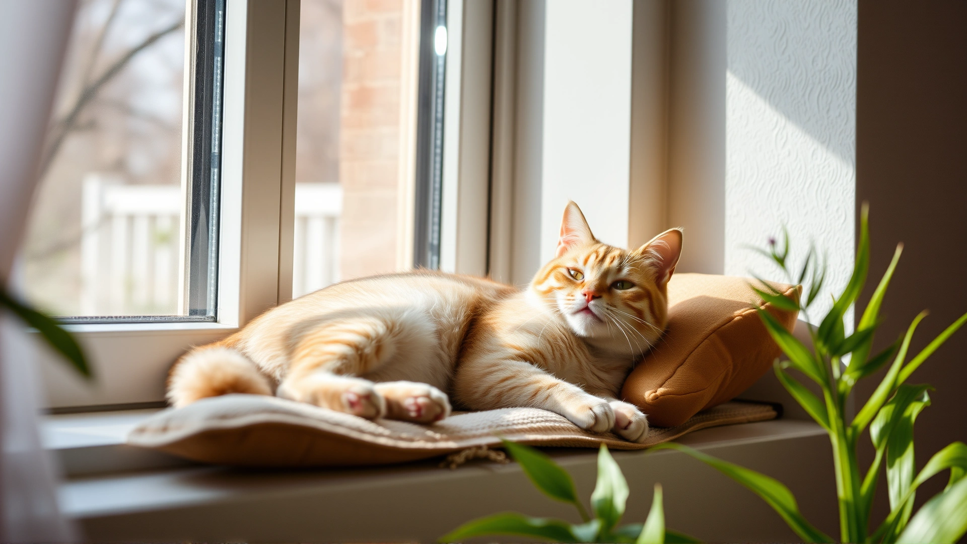 Happy indoor cat lounging comfortably on a sunny windowsill with soft cushions and plants, representing stress-free environment