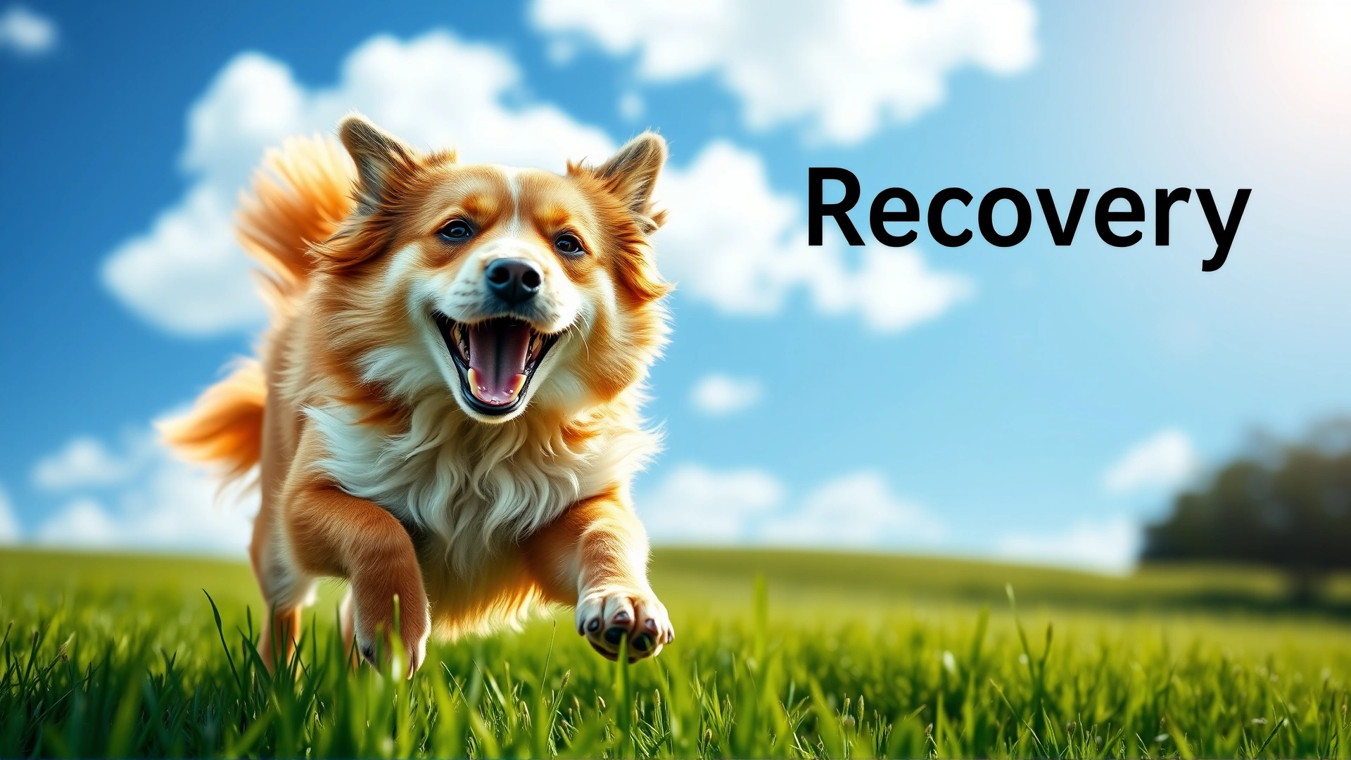 Energetic dog running freely in a green field under a blue sky, symbolizing recovery and preventive care.
