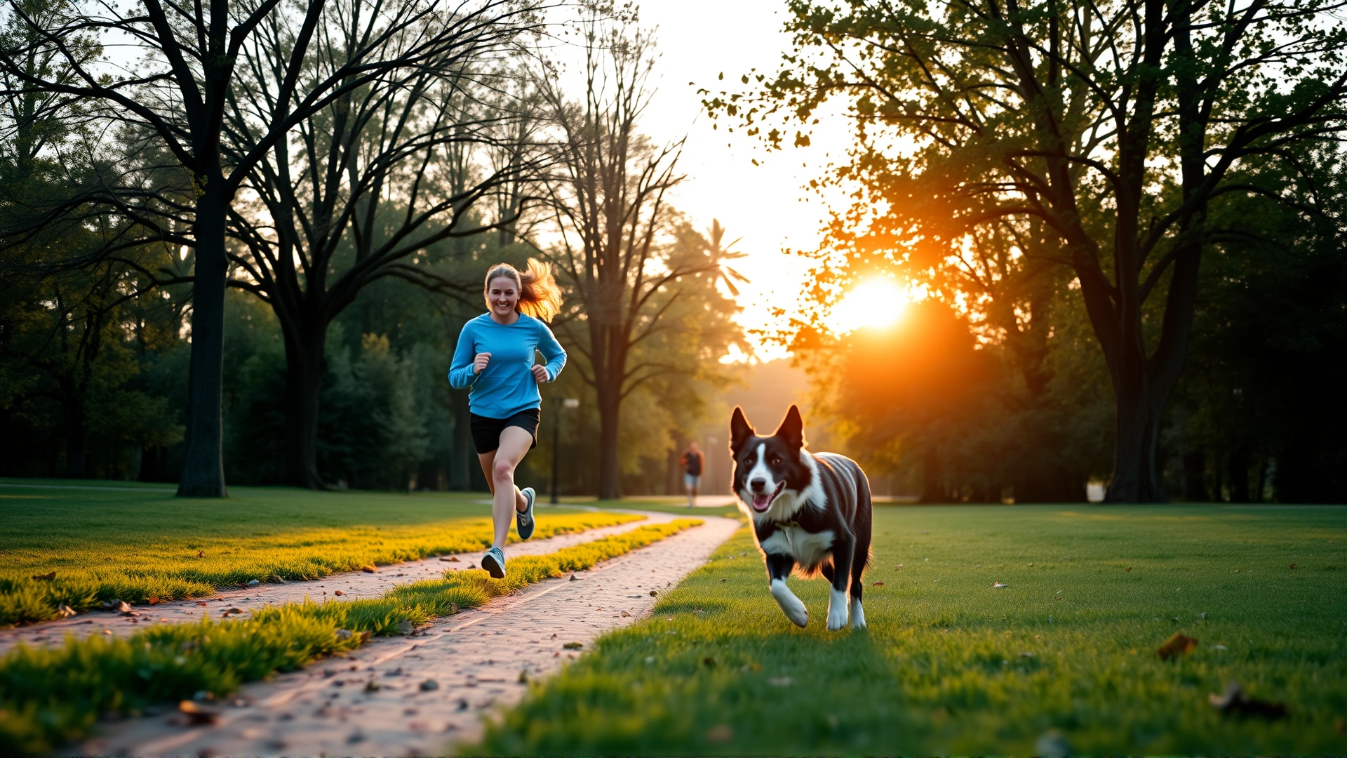 Young woman jogging in a park at sunrise with her energetic border collie running alongside, wide shot, vibrant greenery