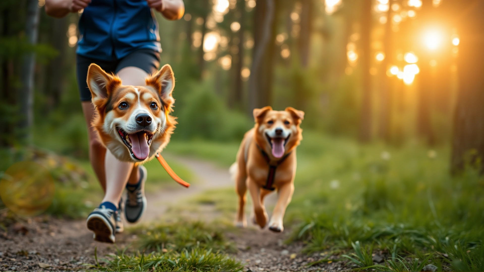 Happy mixed-breed dog and its owner jogging on a forest trail during golden hour. Motion blur on background, focus on dog.