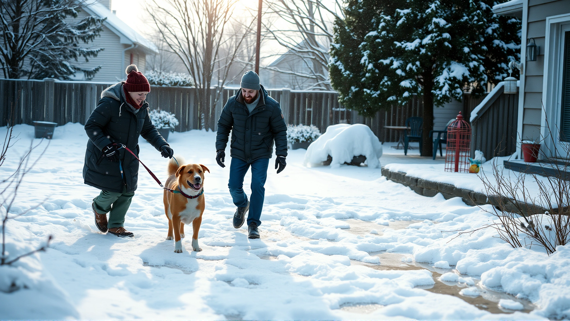 Family playing with their dog in a snowy backyard while snow melts where ice melt has been spread