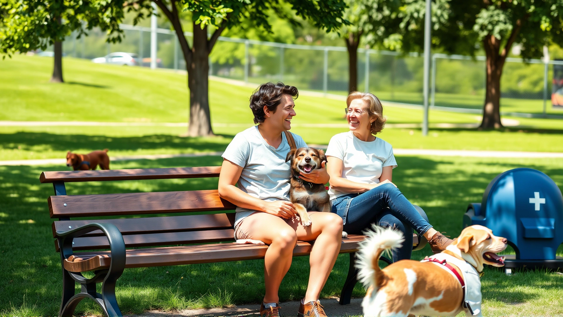 Two dog owners chatting and laughing on a bench in a sunny dog park while their pets play nearby, illustrating social interaction.