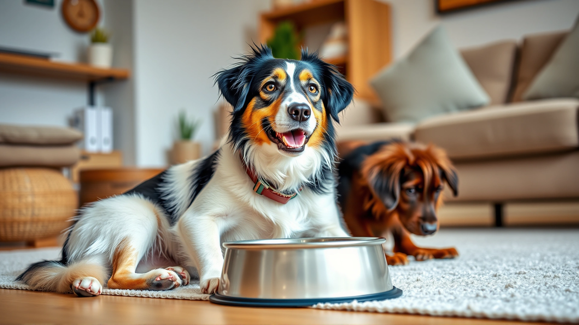 Playful cat and dog sitting beside a food bowl in a cozy living room, suggesting improved well-being after medication.