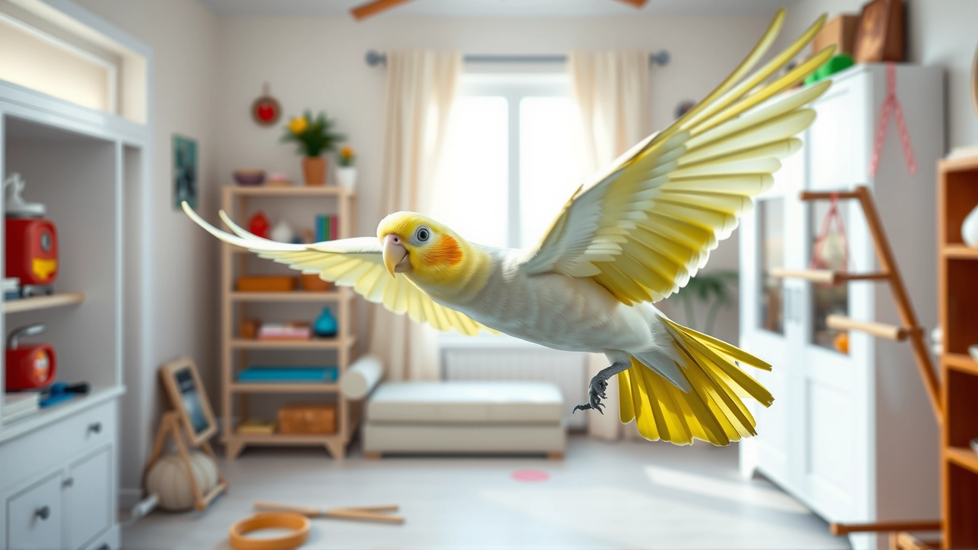 Free-flying cockatiel inside a spacious room with toys and perches, bright and cheerful environment showcasing ideal home setup, no text