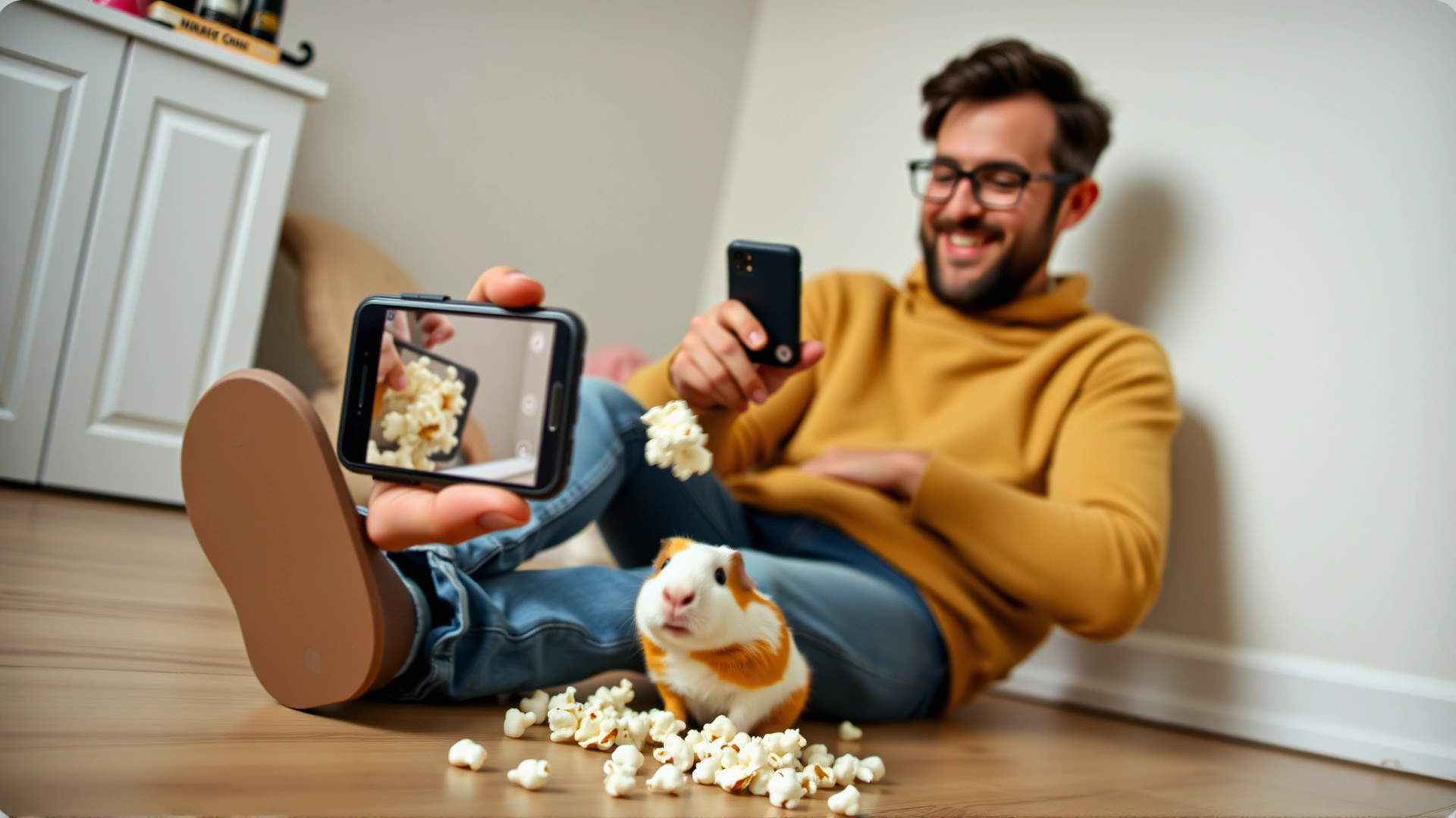 Owner sitting on the floor, smiling while filming a popcorning guinea pig with a smartphone in slow motion