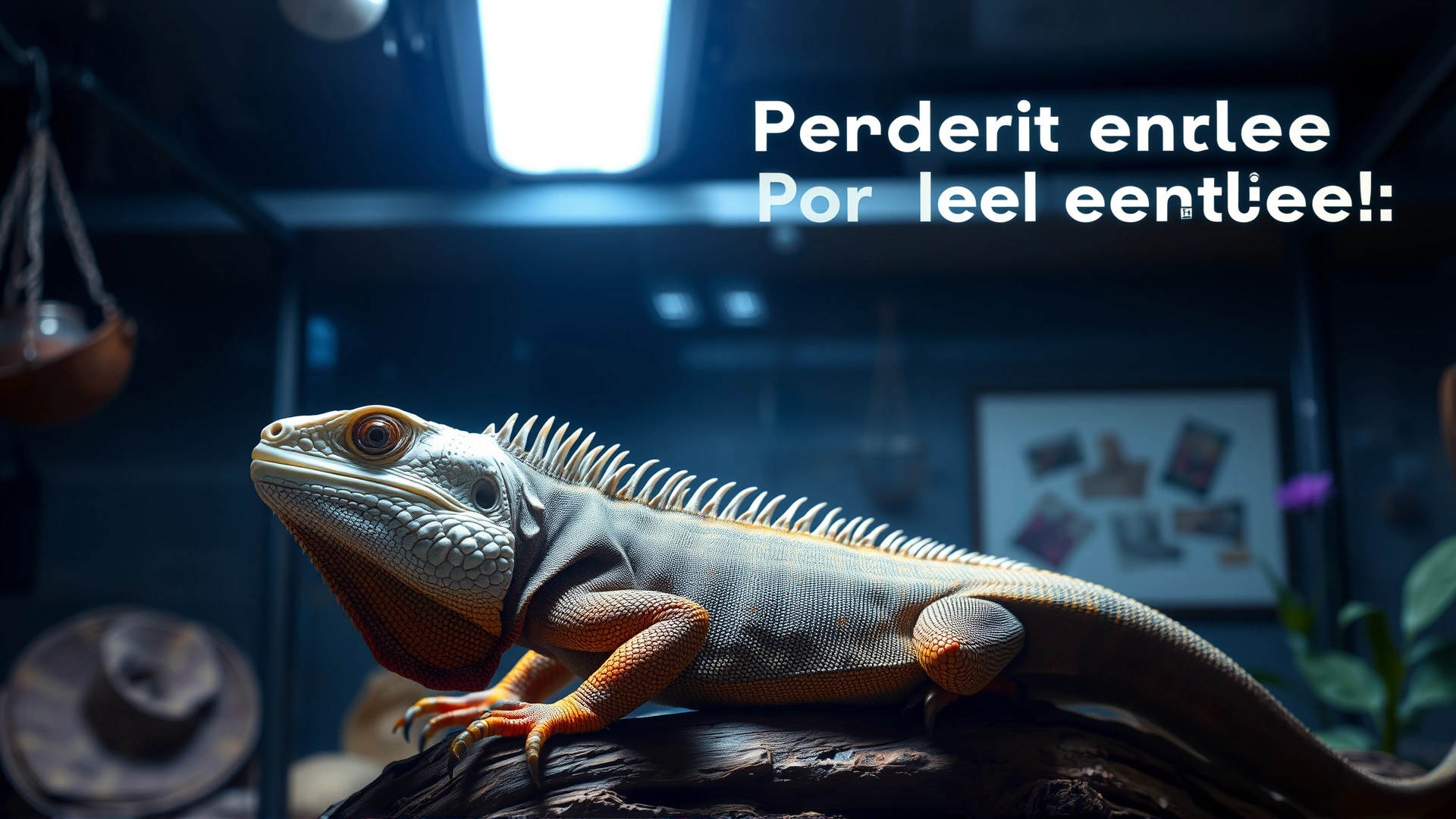 Healthy iguana basking under UVB light in a spacious, well-decorated enclosure, showcasing preventive care.