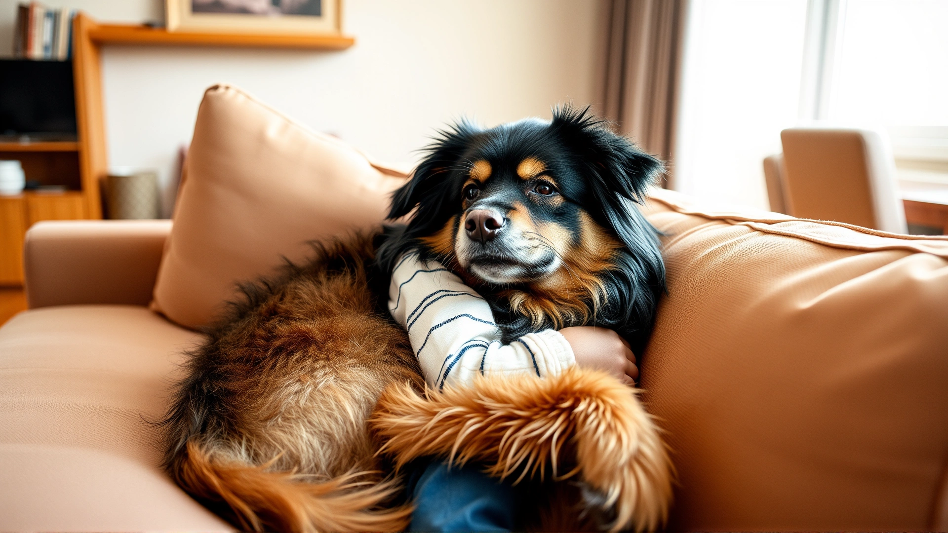 Malshi dog cuddling with a child on a living room sofa; warm, soft lighting; conveys family friendliness