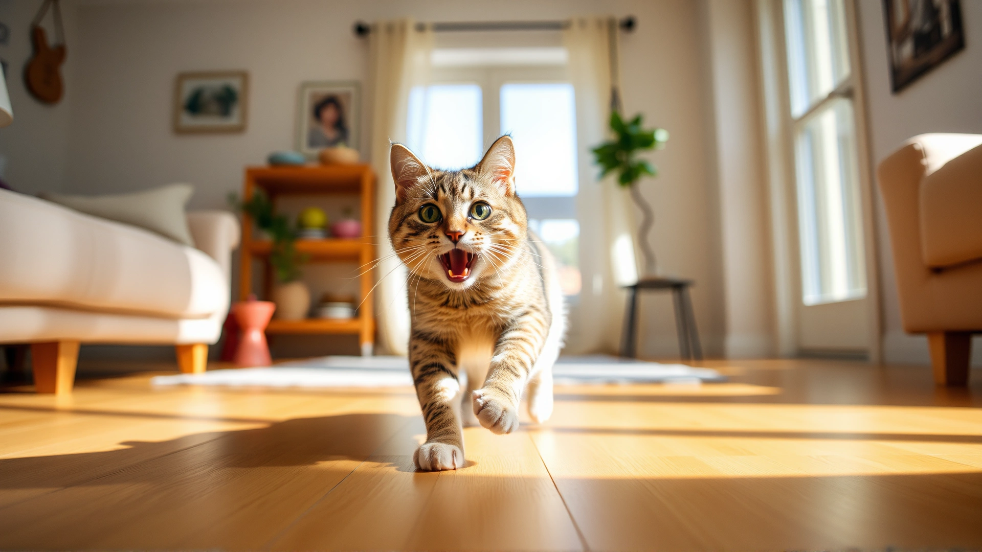 Playful cat running across a sunny living room floor, symbolizing healthy mobility