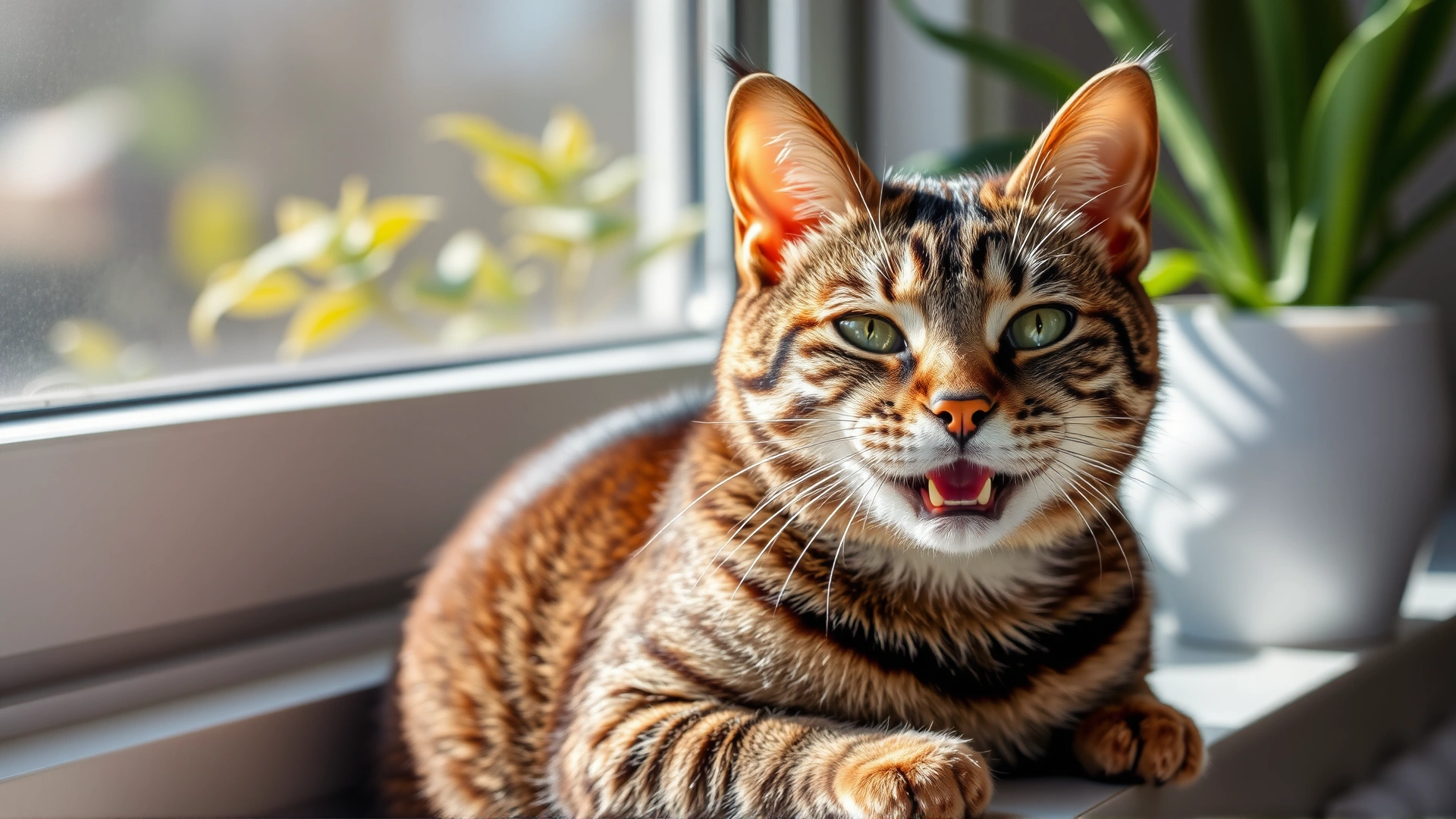 Happy senior tabby cat basking in sunlight on a windowsill with healthy, shiny fur, houseplants blurred in the background.