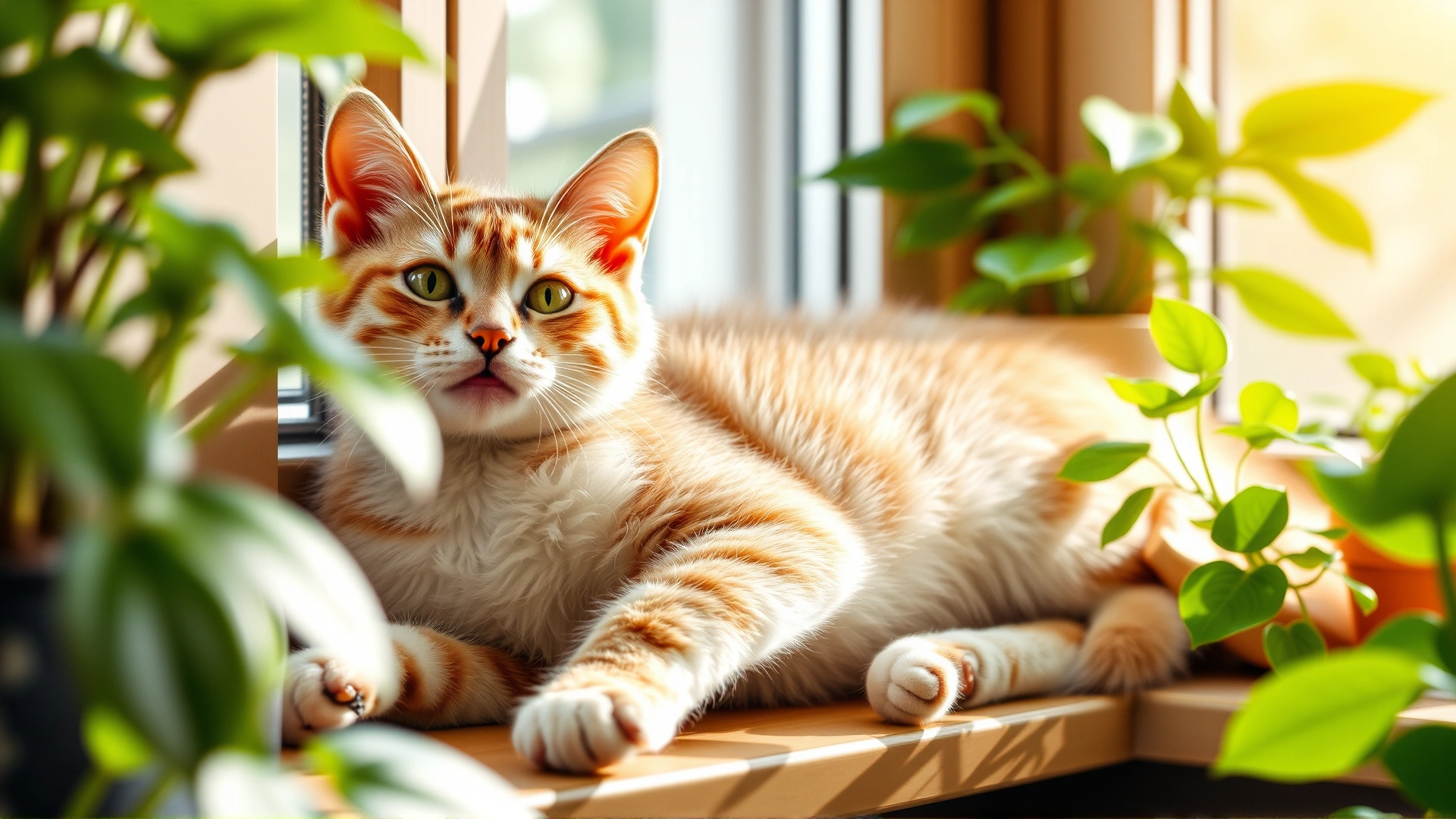 Bright lifestyle image of a playful cat lounging on a sunny windowsill with green houseplants around, symbolizing healthy living