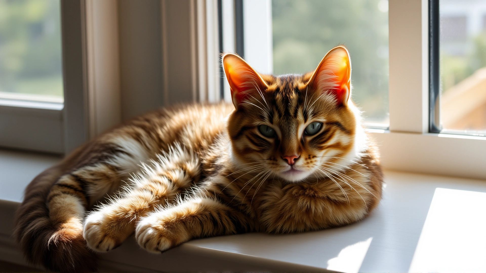 Healthy domestic cat basking in warm indoor sunlight on a windowsill, symbolizing recovery and preventive care.